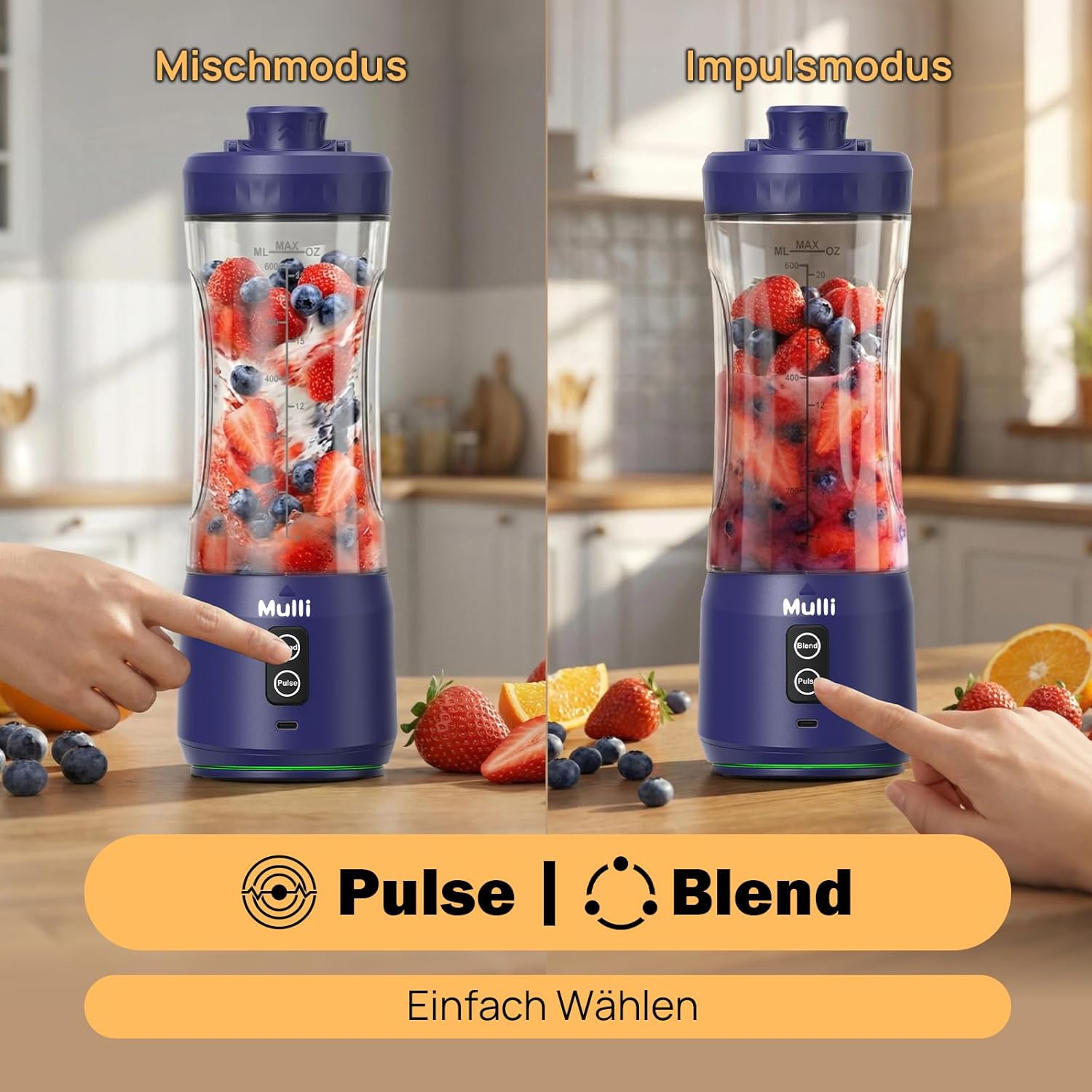 Mulli Tragbarer Mixer, kabelloser 600-ml-Mixbecher für Shakes und Smoothies, persönlicher Mixer, BPA-frei, mit auslaufsicherem Deckel, Strohhalmdeckel, USB-C aufladbar, spülmaschinenfeste Teile – Bild 3