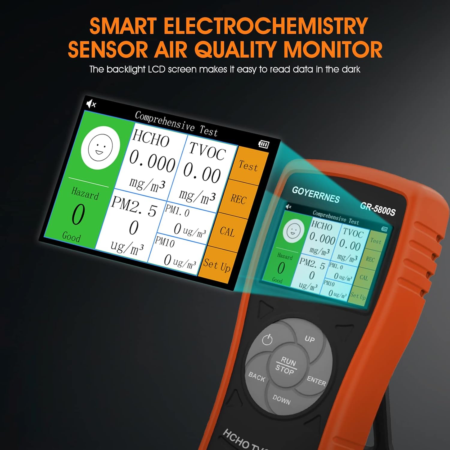 Luftqualitätsmonitor, GR-5800S HCHO/TVOC-Detektor mit PM2,5-Partikelzähler, multifunktionaler Luftgasdetektor mit großem LCD-Luftqualitätssensor-Analysator mit Echtzeit, Datensatz für das Heimbüro – Bild 4