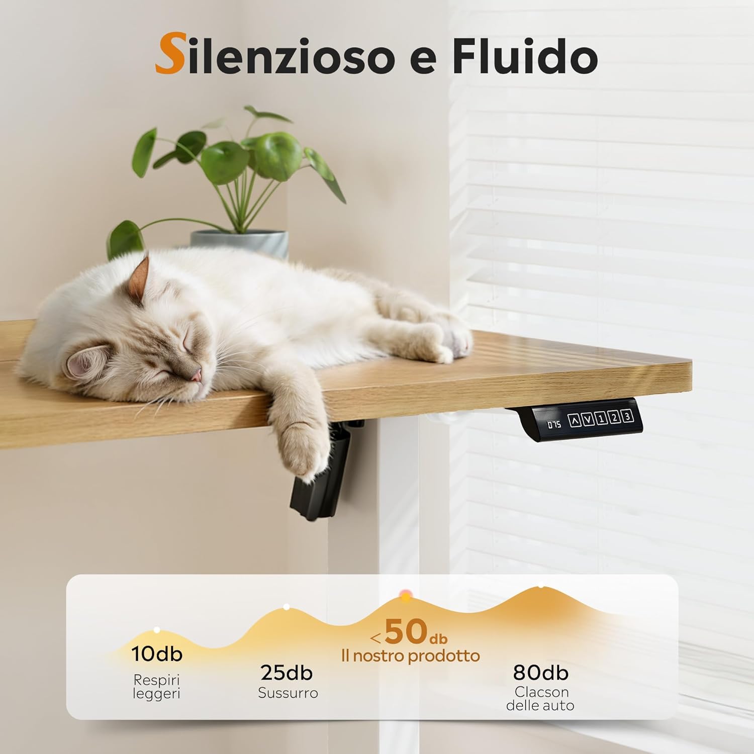 DEVAISE Höhenverstellbarer Schreibtisch, 140 x 70 cm, mit leisem Motor und Memory-Funktion für 3 Höhen, Sitz-Steh-Schreibtisch, Höhenverstellung 72-118 cm, ergonomischer Computertisch für Büro, Farbe Eiche – Bild 6