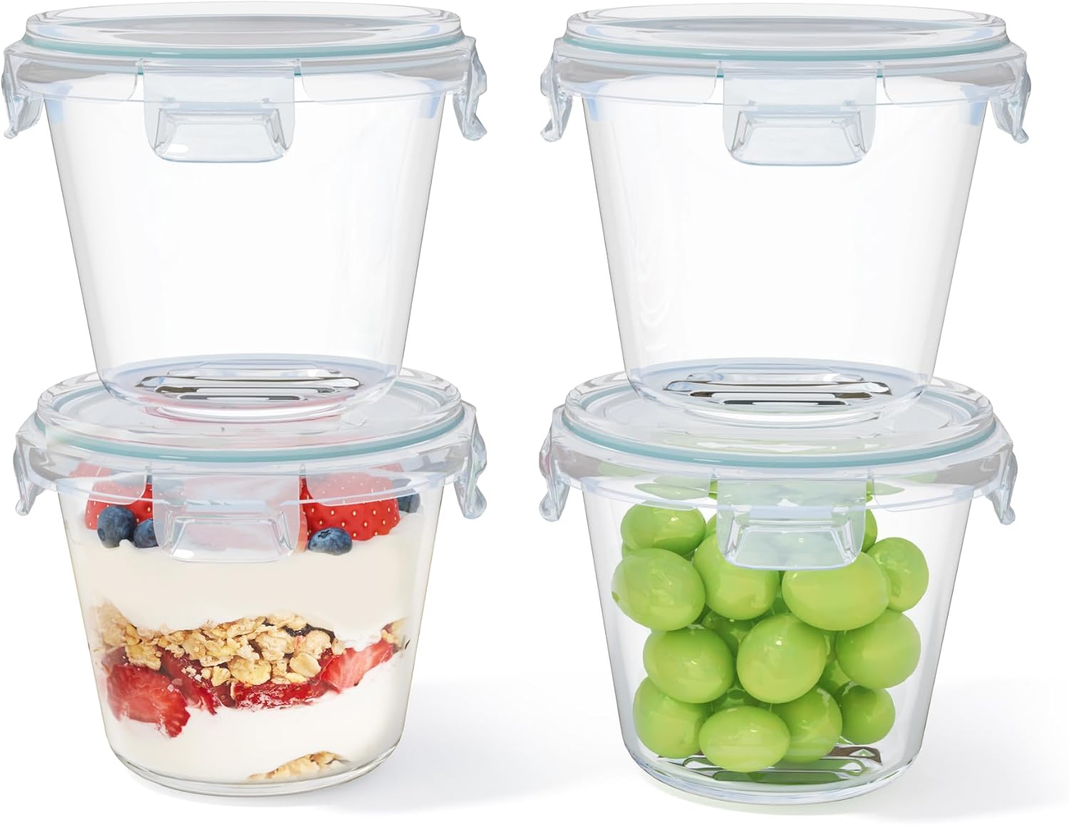 Glasbehälter mit Deckel, 650 ml, rundes Borosilikatglas, 4er-Set, auslaufsicher und BPA-frei, Meal-Prep-Gläser und Glasschüssel, Suppenbehälter, mikrowellen- und spülmaschinenfest