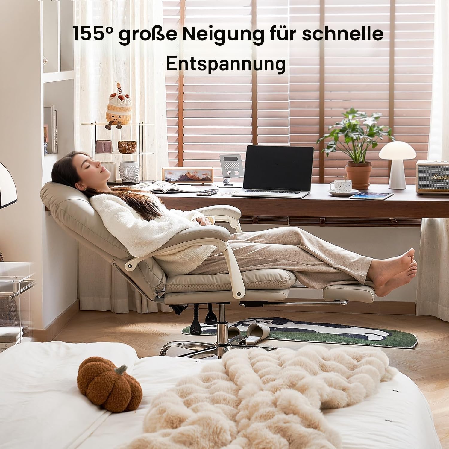 EMIAH Ergonomischer Bürostuhl mit Fußstütze, verstellbarer Schreibtischstuhl, PU-Leder, bequeme moderne Kosmetikstühle mit Rollen, niedlicher Computerstuhl mit mittlerer Rückenlehne für Zuhause, maximale Belastung 150 kg, Beige – Bild 4