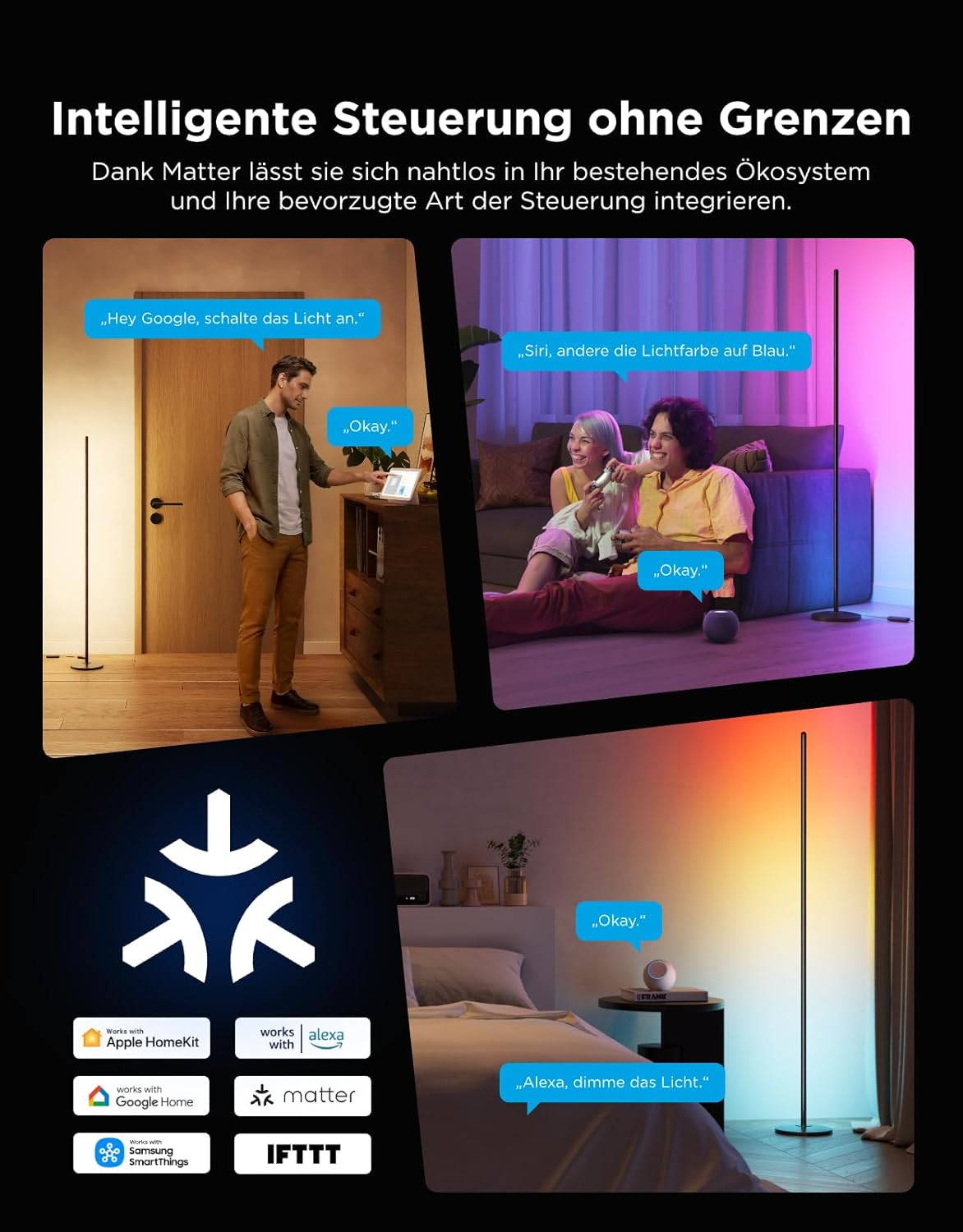 Govee RGBIC LED Stehlampe Wohnzimmer, WiFi Stehlampe, Dimmbar, Arbeiten mit Alexa und Matter, 16 Millionen Farben, 85 Szenenmodi, Musikmodi, DIY-Modus Stehlampe für Schlafzimmer Gaming, Schwarz – Bild 3