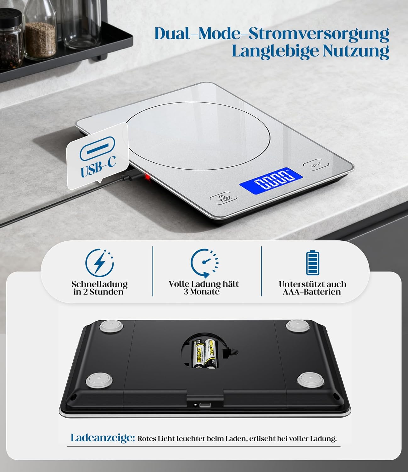 Digitale Küchenwaage mit 15 kg Tragkraft, 5 Einheiten in g/ml/fl'oz, Präzise Küchenwaage mit großem Display, Dual Power (USB-C/Batterie), 1 g hohe Präzision, Tara-Sicherheitsglas zum Backen, Kochen – Bild 3