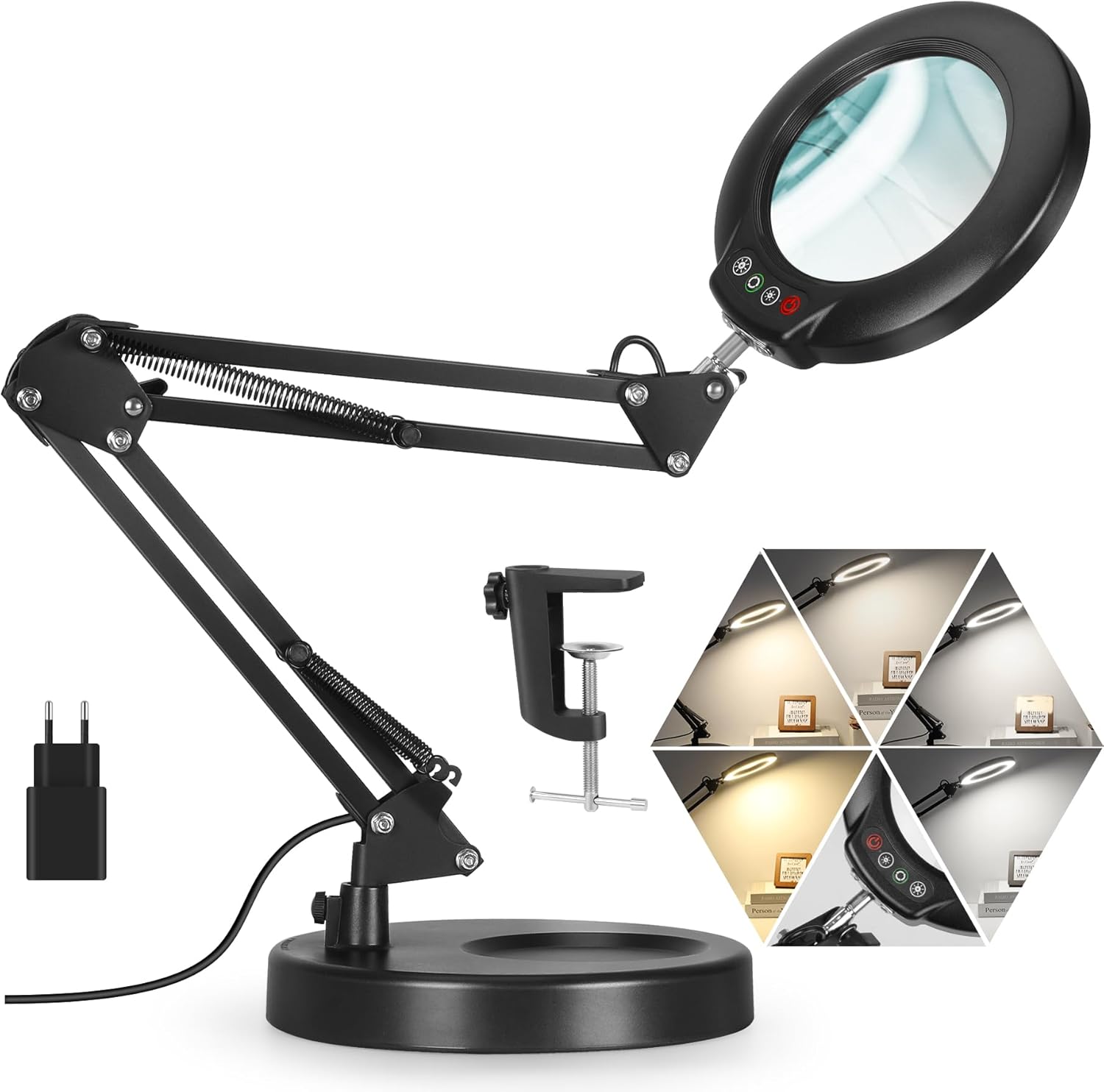 Veemagni 10-fache Lupe mit Licht, 5 Farbmodi, stufenlos dimmbar, 2-in-1-Schreibtischlampe und Klemme, LED-beleuchtete Lupe mit Licht und Ständer, freihändig für Handwerk, Hobby, Malen, Abschlussarbeiten