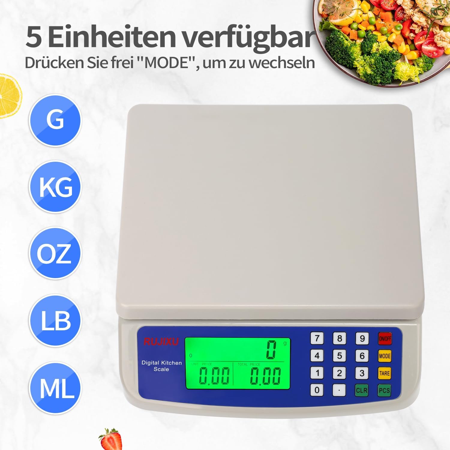 Digitale Waage bis 30 kg, große Küchenwaage, Obstwaage mit LCD-Display und Tara-Funktion, digitale Waage mit PCS-Zählwaage, 3-Einheiten-Umrechnung – Bild 3