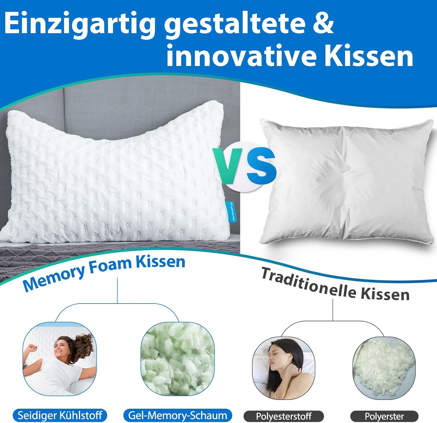 SKYNY Kühlendes Seitenschläferkissen zur Unterstützung von Nacken und Schulter – Kissen aus geschreddertem Memory-Schaum, höhenverstellbares orthopädisches Schlafkissen mit waschbarem Bezug – Bild 5