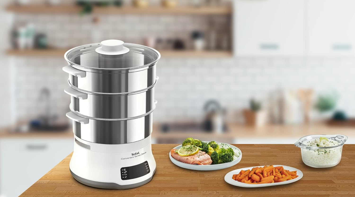 Tefal Convenience Series Deluxe Dampfgarer, einfacher Touchscreen, 8 Programme, Garen auf 3 Ebenen, Edelstahlbehälter, langlebige Qualität, gesunde Zubereitung, Edelstahl/Weiß, VC502D – Bild 5