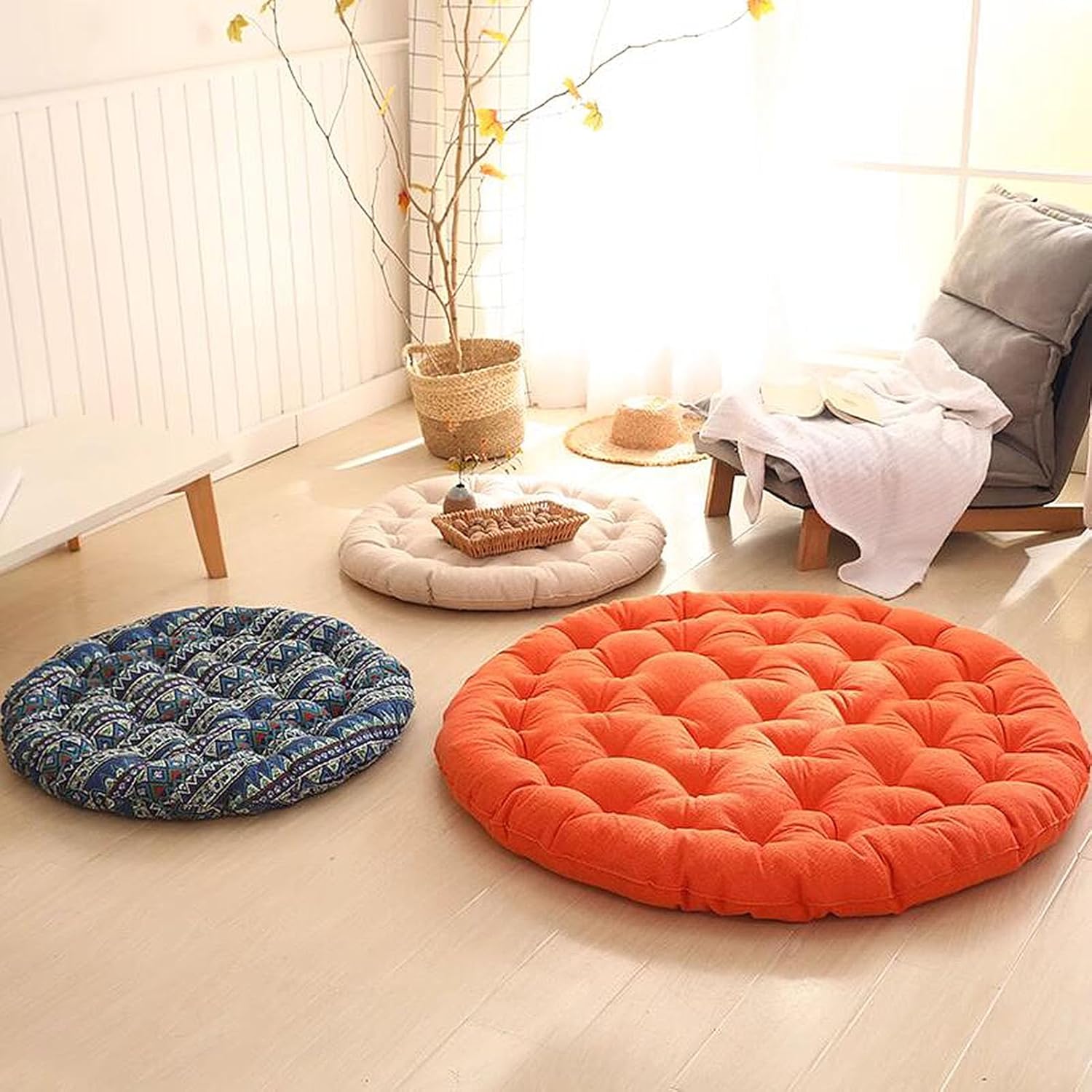 Großes Bodenkissen, rundes Leinen-Futonkissen, japanischer Stil, getuftetes Bodenkissen, Meditationskissen, Sitzen auf dem Boden, Fensterkissen für Yoga, Sofa, Balkon (75 x 75 x 10 cm, Beige) – Bild 2