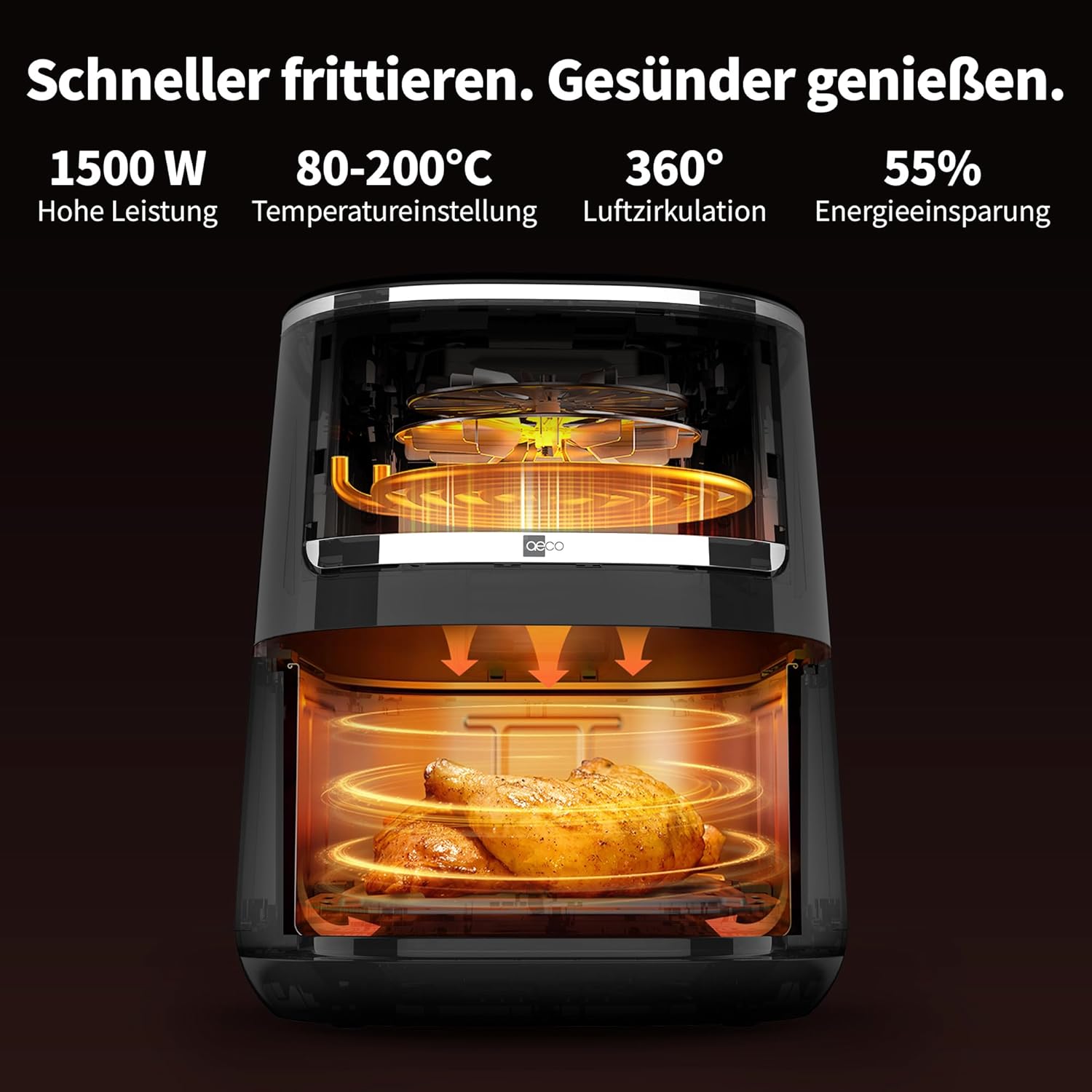 aeco Compact AirFryer 4,3 Liter Heißluftfritteuse mit digitalem Touch-Display, 1500 Watt, 80°-200° verstellbar, 8 Programme, inklusive Rezeptbuch – Bild 5