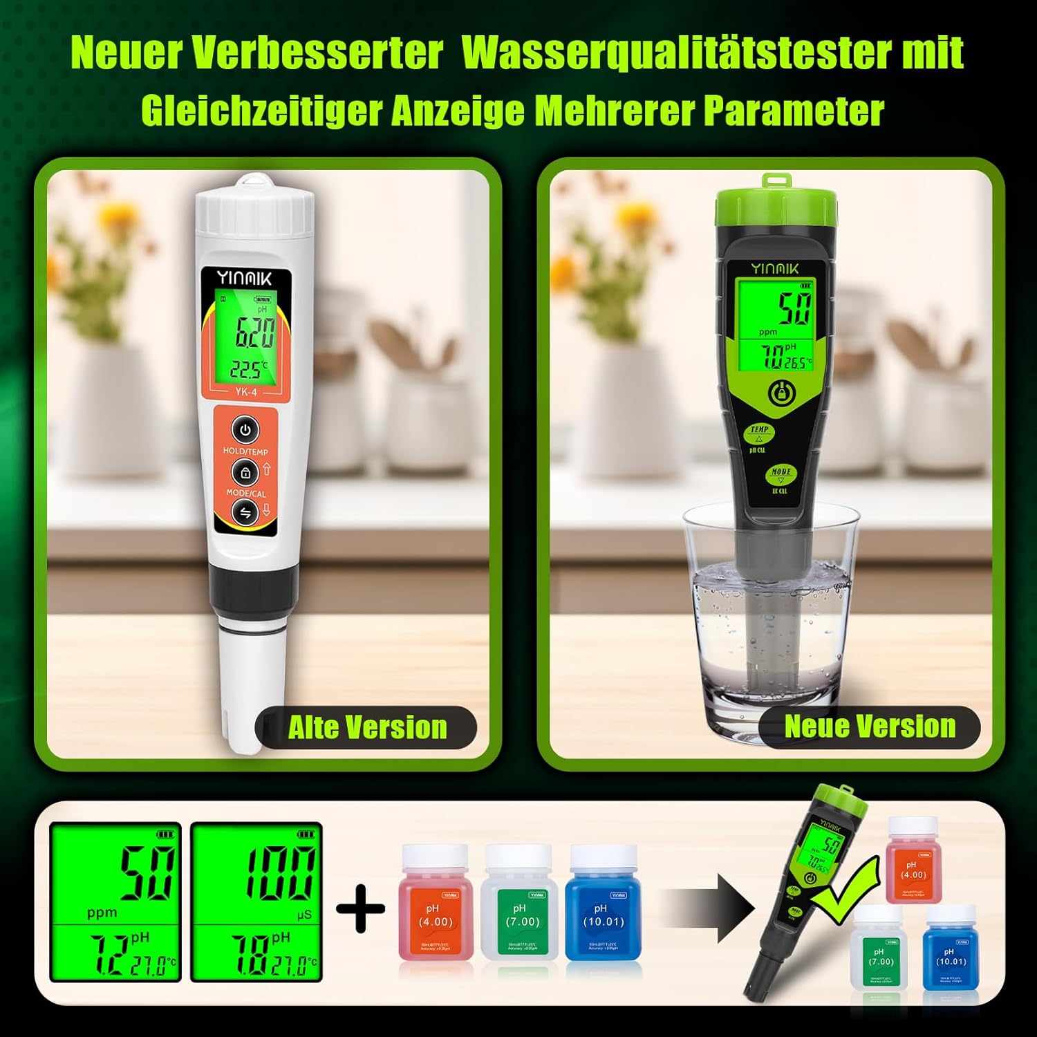YINMIK pH-EC-Messgerät, Pool-pH-Tester, 4-in-1-Leitfähigkeitsmessgerät, PPM-Tester, gleichzeitige Messung von PH, EC, Temperatur und TDS für Wasser, Aquarium, Bierherstellung, Hydrokultur – Bild 3