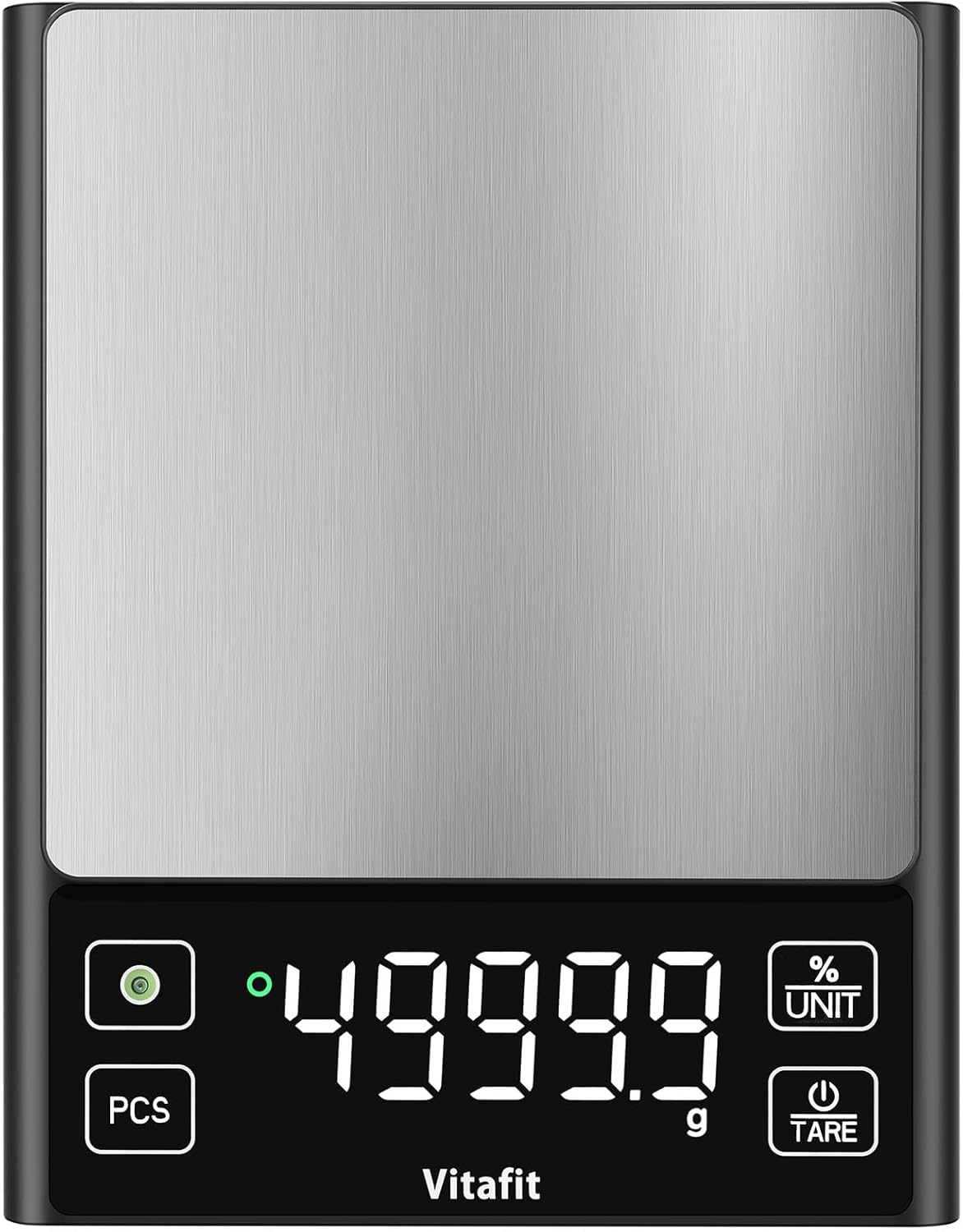Vitafit 5kg Küchenwaage Digital, Hohe Genauigkeit 0,1g durch Unser Professionelle Fabrik Seit 2001, Waage Küche mit Prozentfunktion für Kochen/Backen/Kaffee, Edelstahlplattform, Großes LED, Schwarz