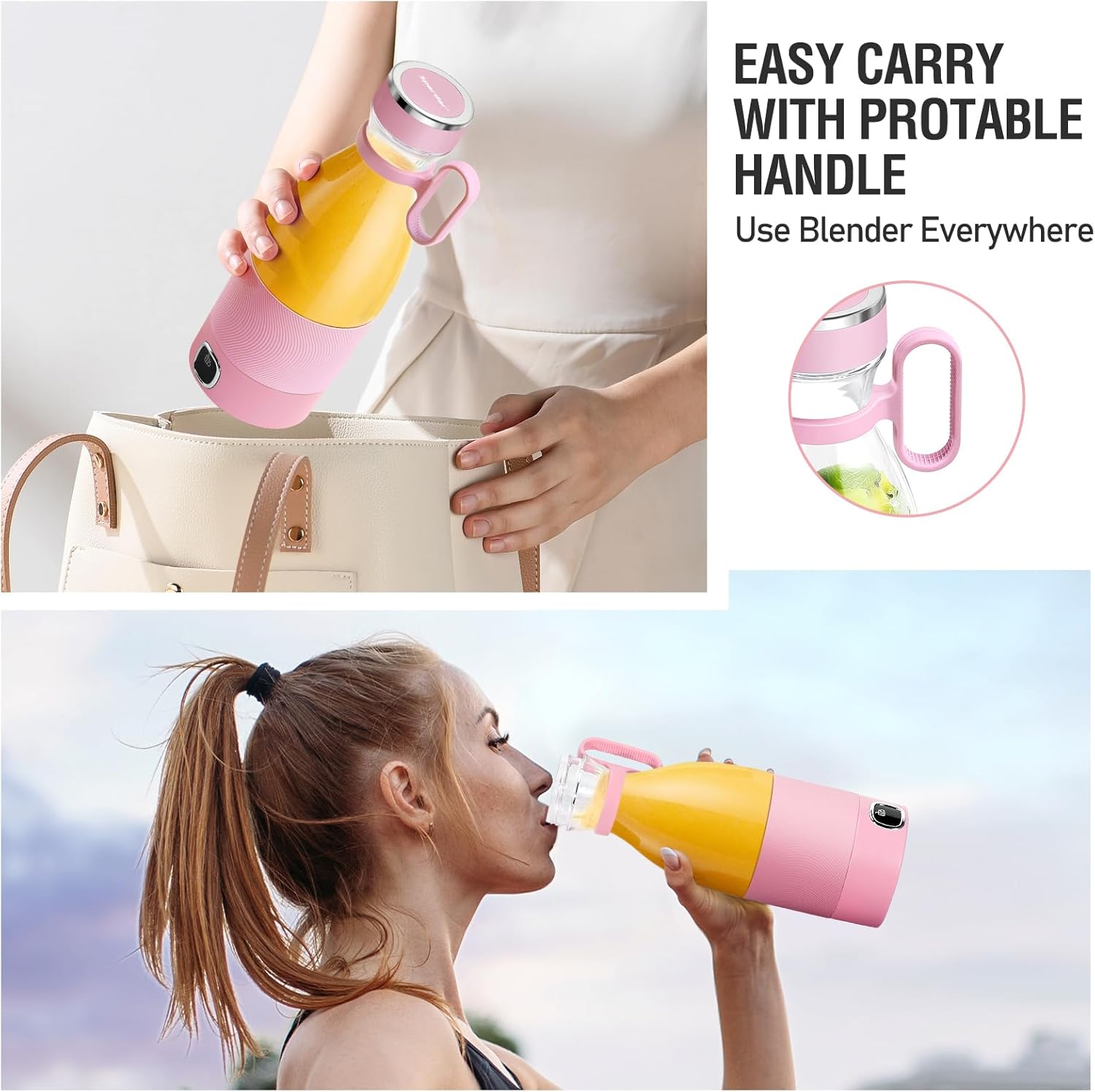 Spardar 350 ml tragbarer Mixer, Smoothie-Maker mit 6 Klingen, intelligentes LED-Display, wiederaufladbarer USB-Mixer, Tragegurt, zerkleinert Eis und gefrorene Früchte, Reisen und Arbeit, Pink – Bild 5