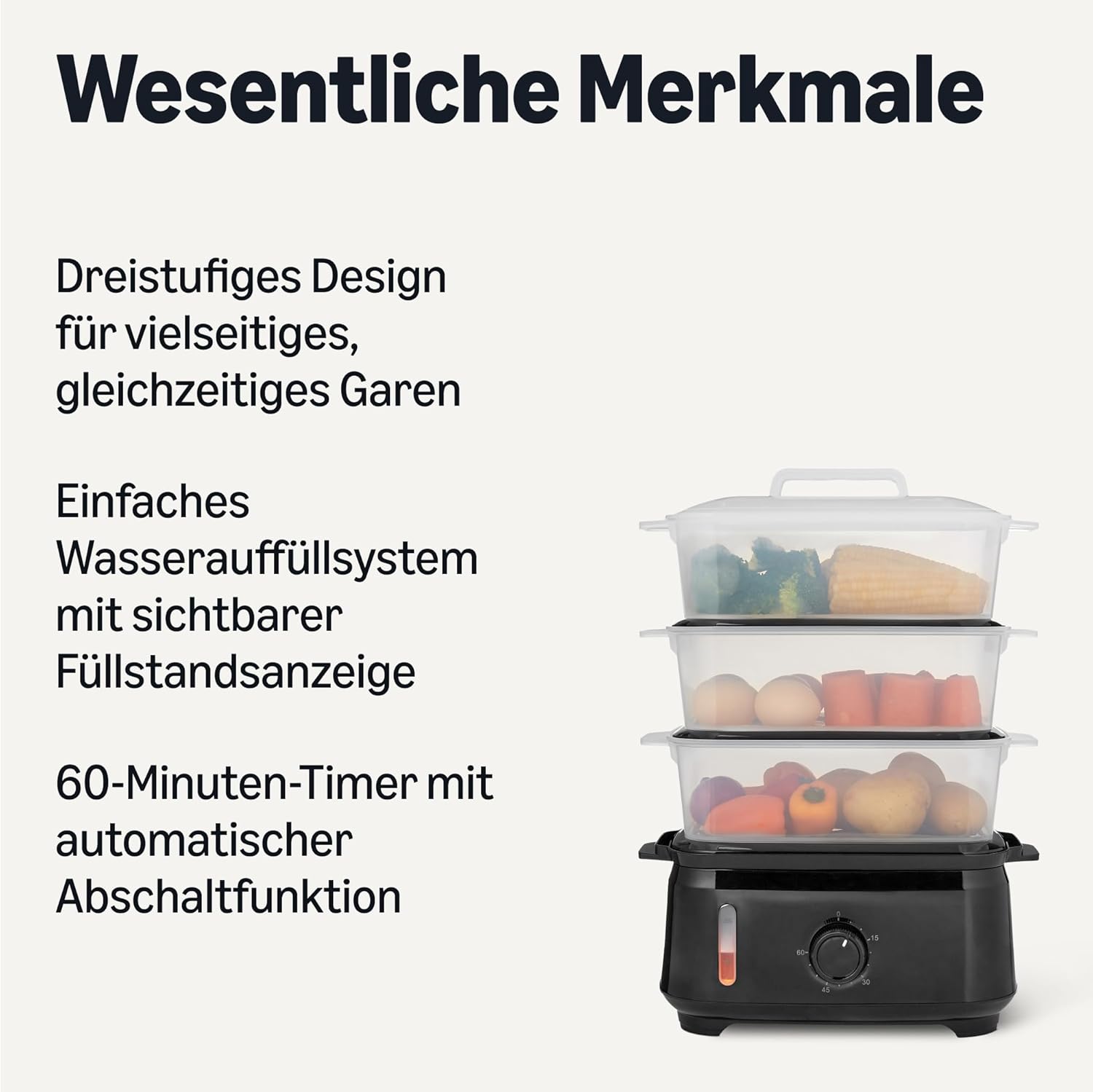 Amazon Basics Elektrischer Dampfgarer zum Kochen von Gemüse mit 3 Ebenen, BPA-frei, 9 l, 950 W, Schwarz – Bild 2