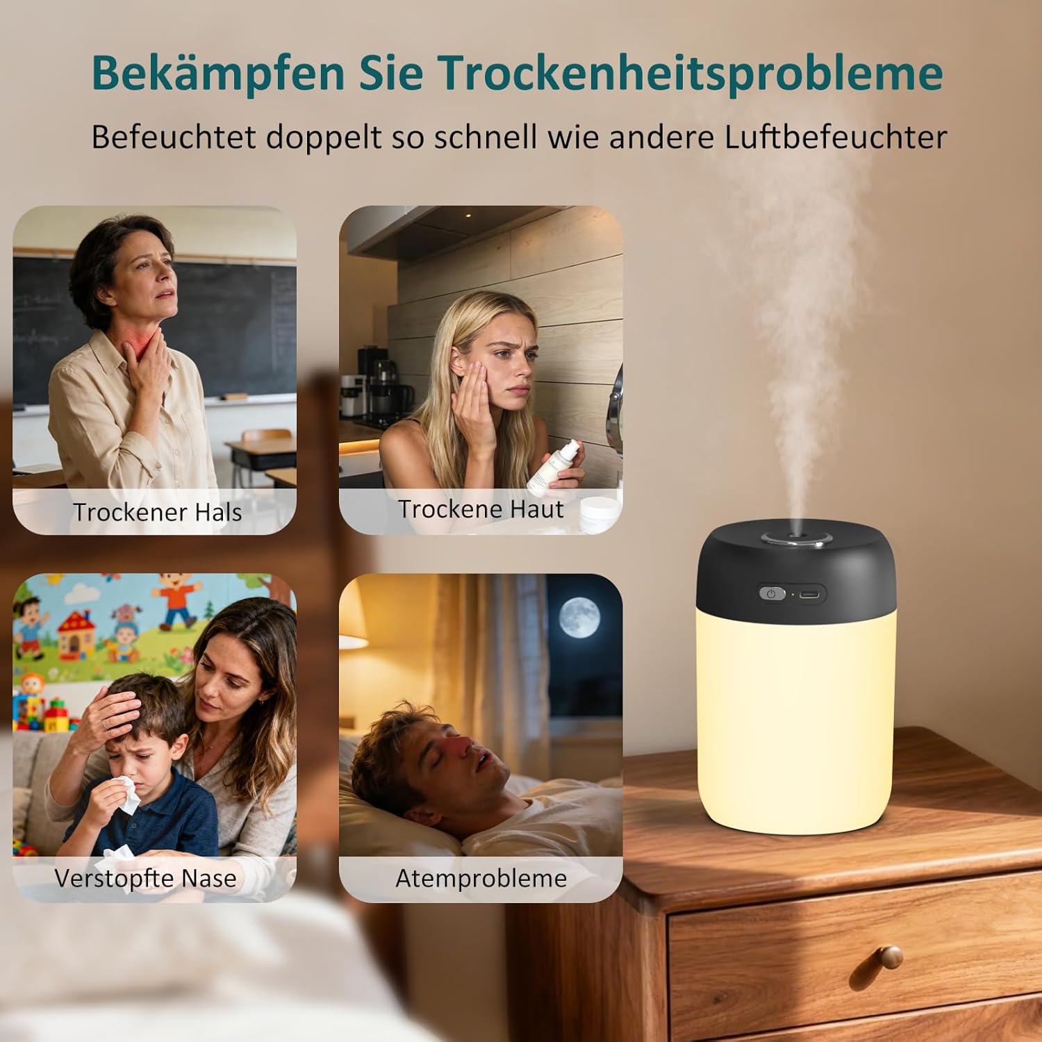 Kissleaf Luftbefeuchter für Schlafzimmer und Kinderzimmer, 650 ml, tragbarer Mini-Raumbefeuchter, leiser Tischbefeuchter ohne Kabel, schwarz – Bild 5