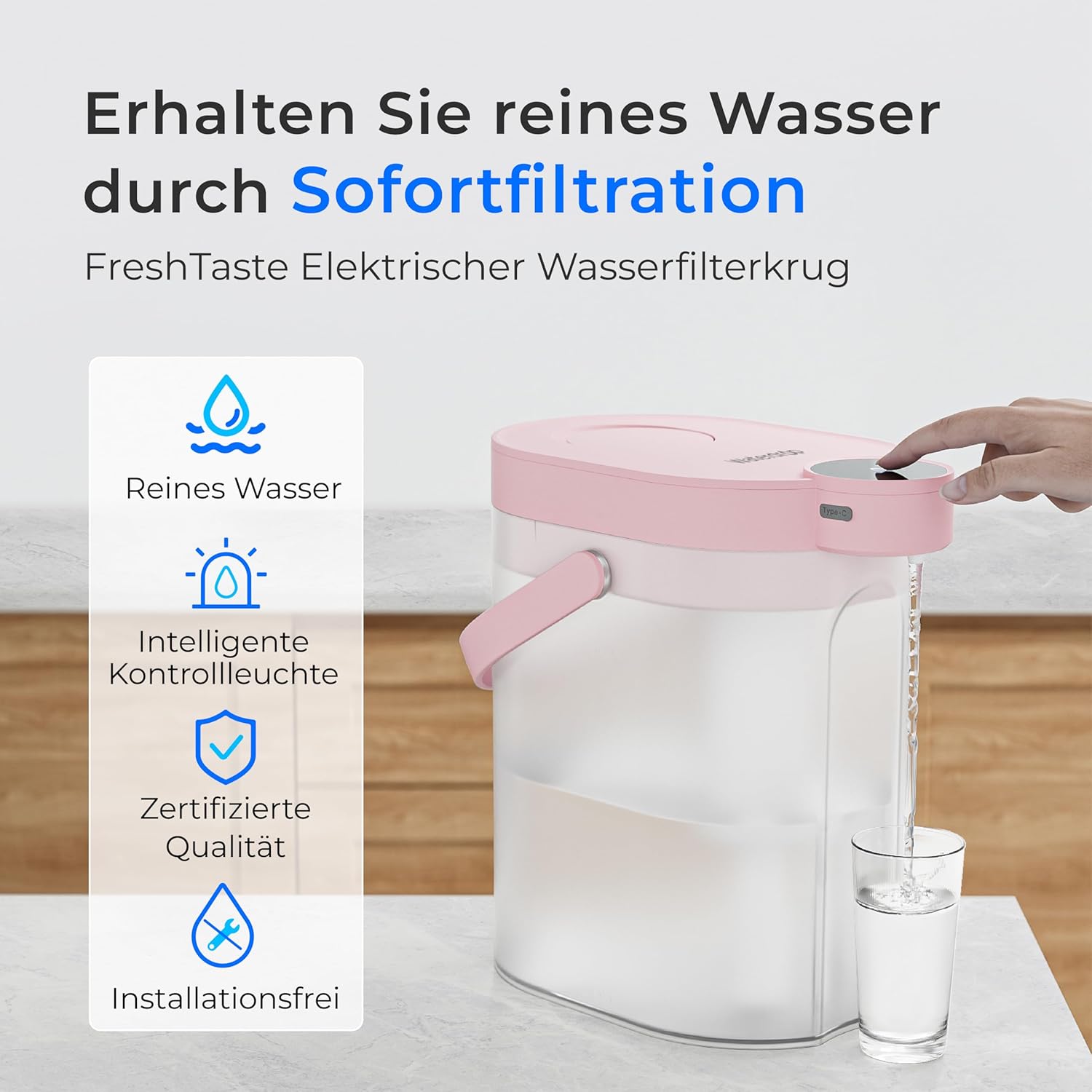 Waterdrop FreshTaste Wasserhärter, elektrischer Wasserfilterkrug, 4 l Wasserfilterspender für Kühlschrank, reduziert Kalk, Chlor, Blei, Kupfer, reinigt, Pink (Ersatzfilter: WD-EWFS) – Bild 2