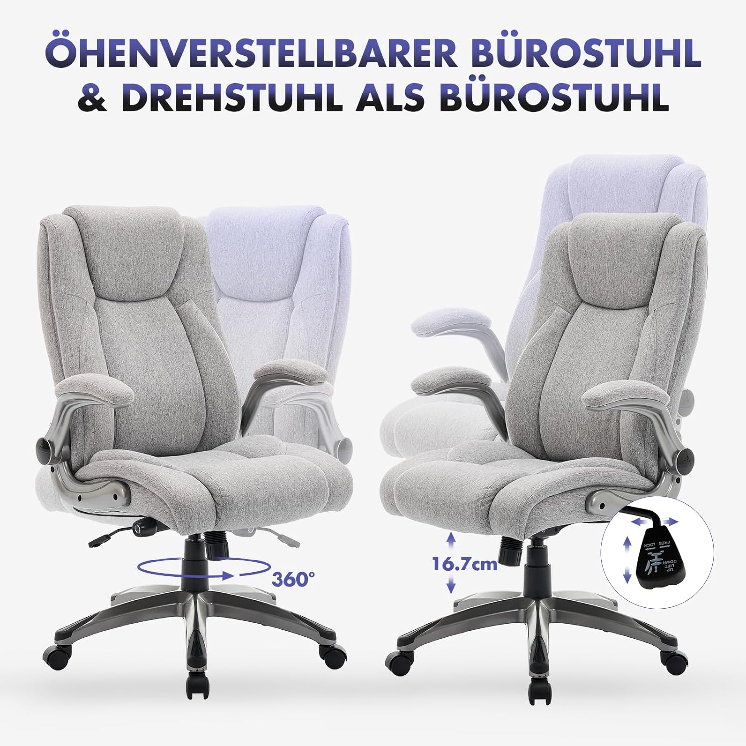 COLAMY Ergonomischer Bürostuhl, Chefsessel mit hoher Rückenlehne, ergonomischer 360°-Drehstuhl für Büro, Schreibtischstuhl, Stoffstuhl mit verstellbarem Neigungsverschluss, Grau – Bild 6