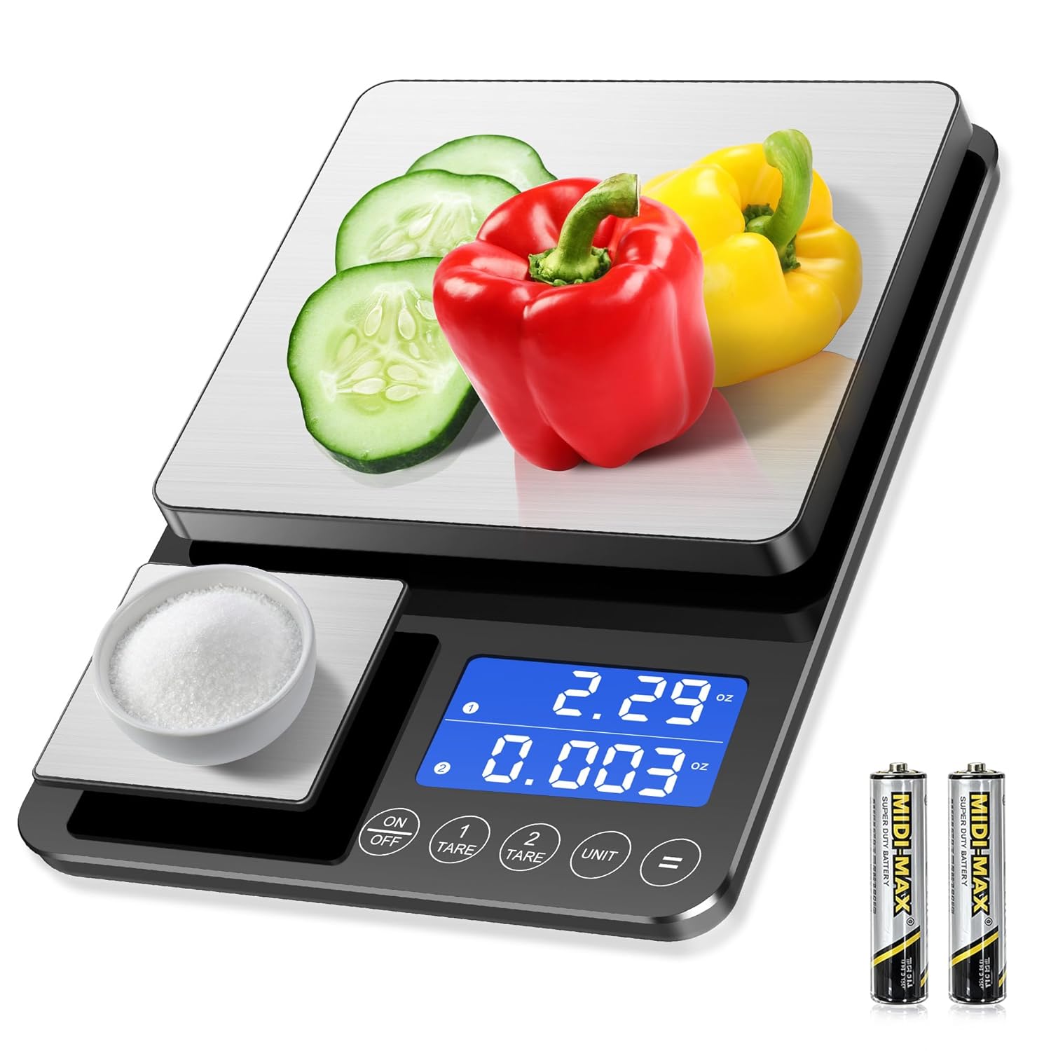 Digitale Küchenwaage mit Doppelplattform, präzise Messung von 500 g/0,01 g und 15 kg/1 g, Tara- und Summierfunktion, 7 Einheiten Lebensmittelwaage zum Kochen, Backen, für Fitness-Mahlzeiten und für den professionellen Küchengebrauch