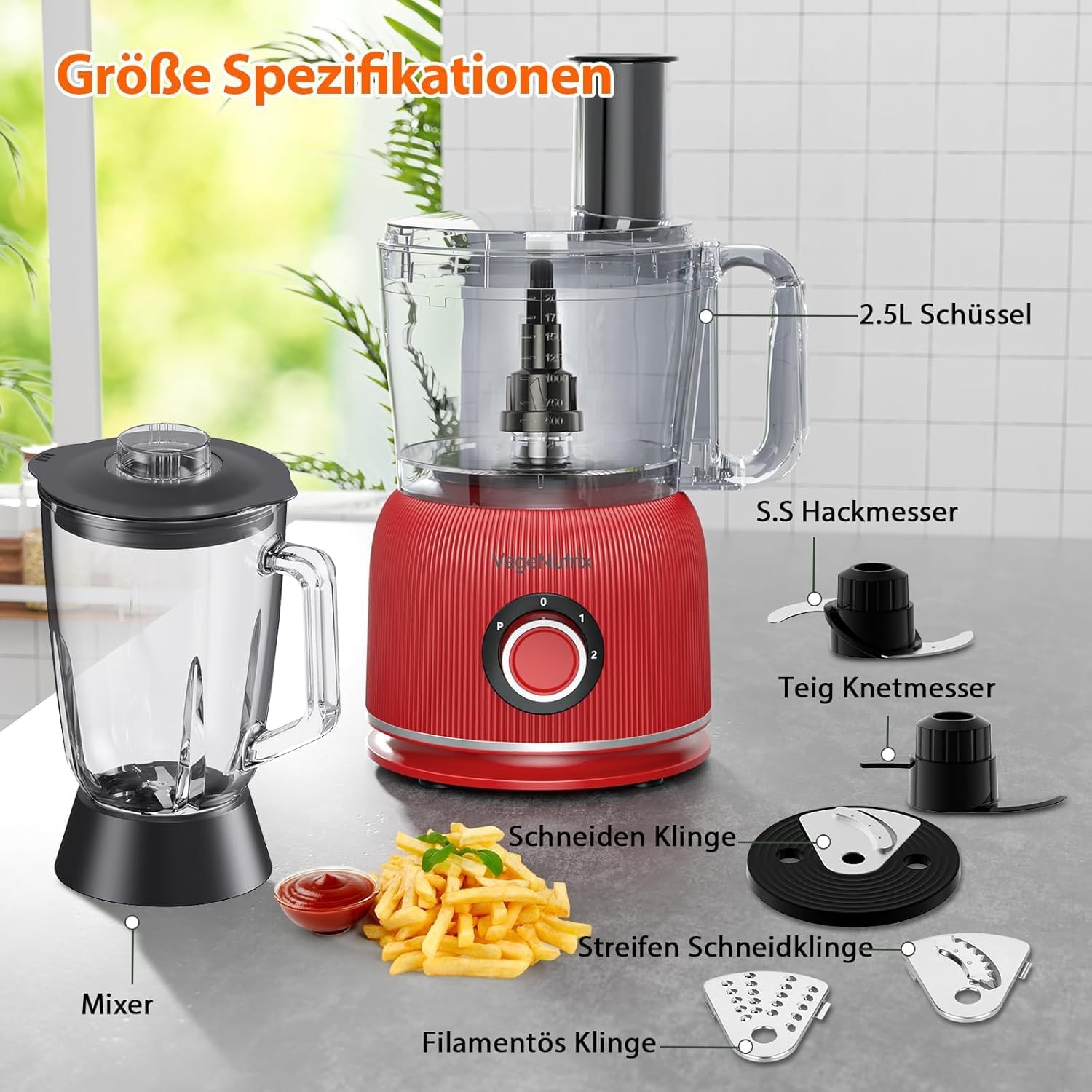 1500 W Küchenmaschine und Mixer-Kombination, 2,5 l Zerkleinerer für Fleisch, Gemüse und Teig, 2 l Standmixer mit Glasbehälter, 2 Geschwindigkeitsstufen und Pulse-Funktion für Smoothies, Saft usw. – Bild 6
