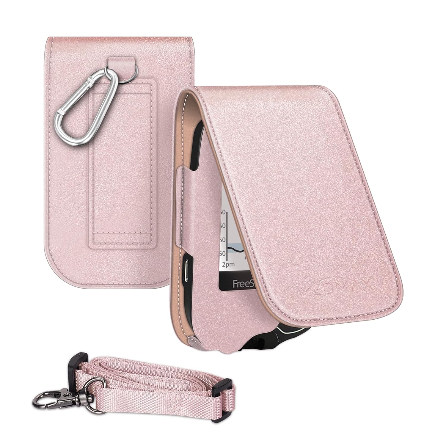 MEDMAX Hülle für Freestyle Libre 3/2 / Libre Reader Blutzuckermessgerät, Tasche mit Halshalter zum Umhängen, Kunstleder-Schutzhülle mit Karabiner-Clip für Diabetiker (Roségold)