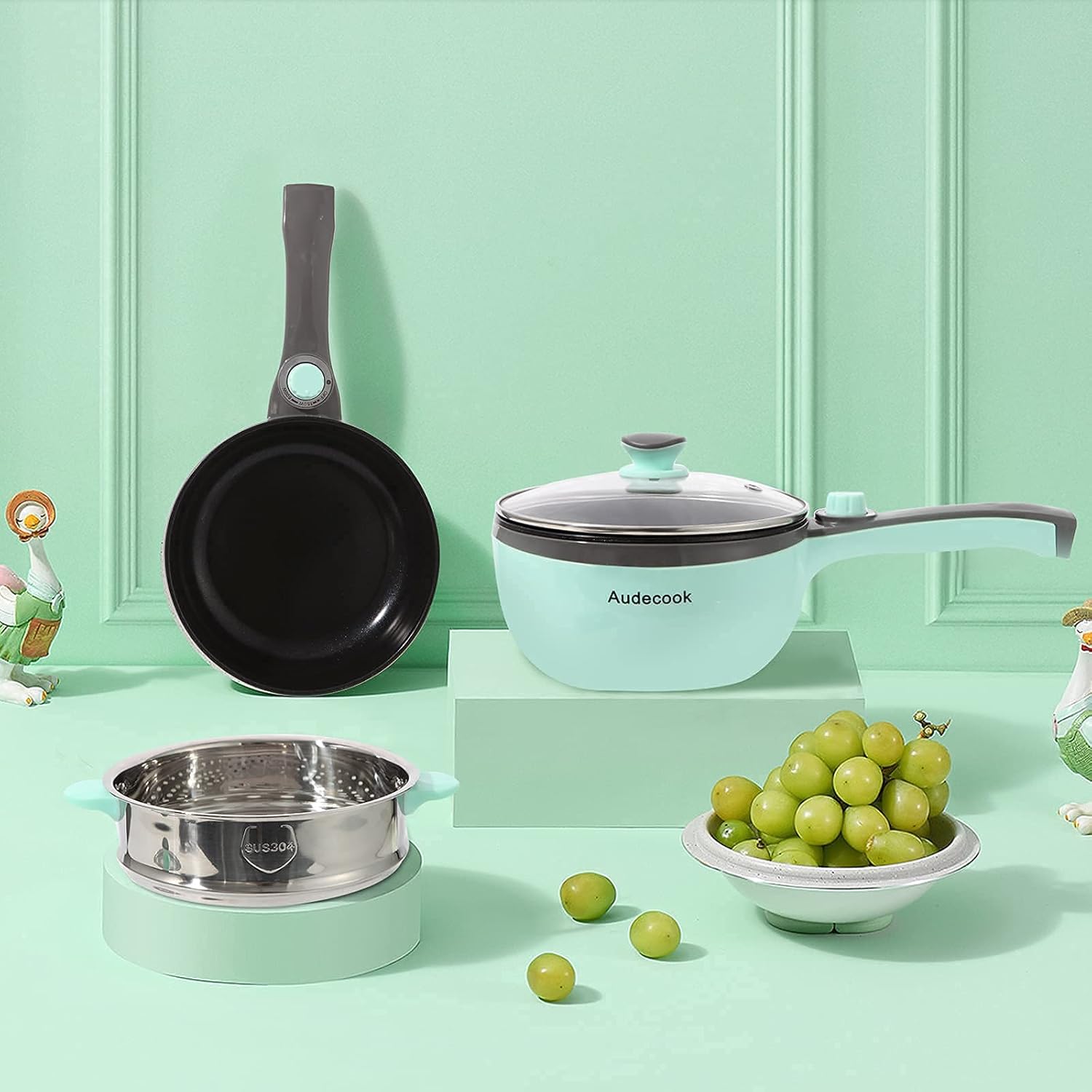 Audecook Elektrischer Hot Pot mit Dampfgarer, 1,5 l/20 cm elektrische Bratpfanne, Hotpot-Topf, antihaftbeschichtete Mini-Elektropfanne, Multikocher für Dorm Ramen, Steak (A (grün / 1,5 l mit Dampfgarer)) – Bild 6