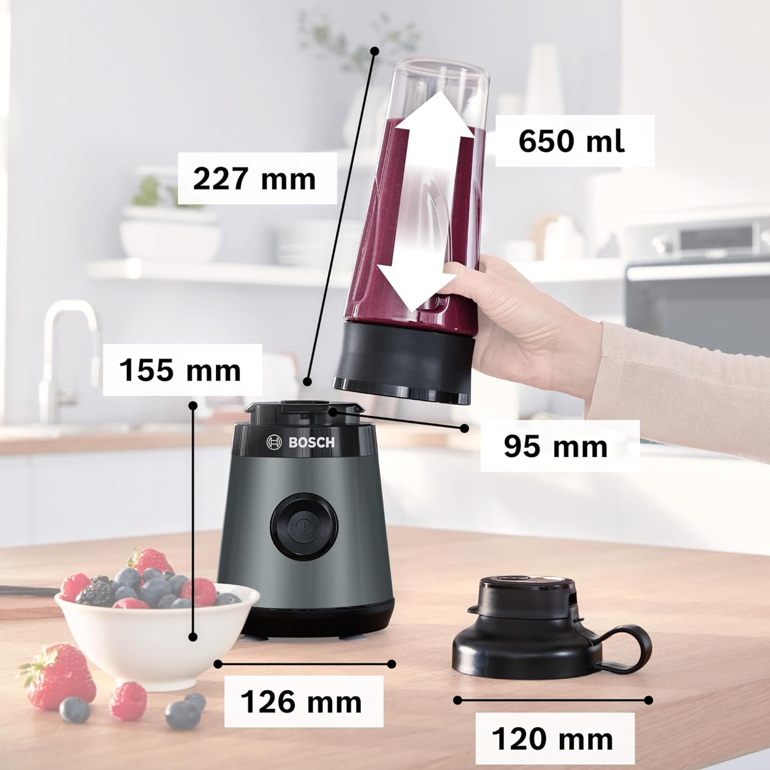 Bosch VitaPower Series 2 MMB2111S Mini-Standmixer, Smoothie-Maker, Mini-Hochgeschwindigkeitsmixer, bis zu 40.000 U/min, 450 W, ToGo-Flasche, spülmaschinenfeste Teile, hergestellt in Europa, VitaPower Series 2 – Bild 2
