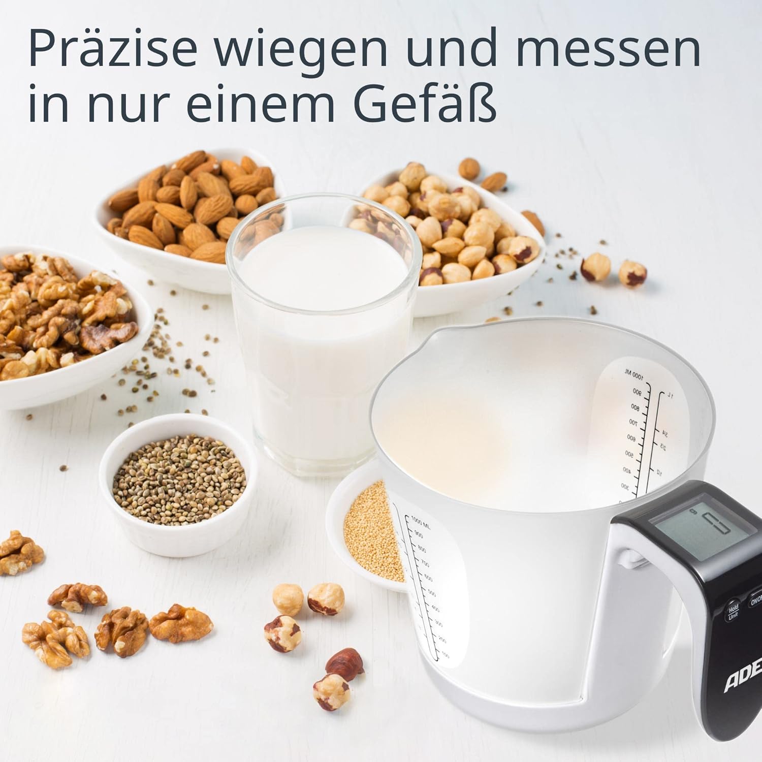 ADE Digitale Messbecherwaage | Küchenwaage mit Messbecher zum Wiegen und Messen | Elektronische Messbecherwaage zum Backen und Kochen – Bild 6