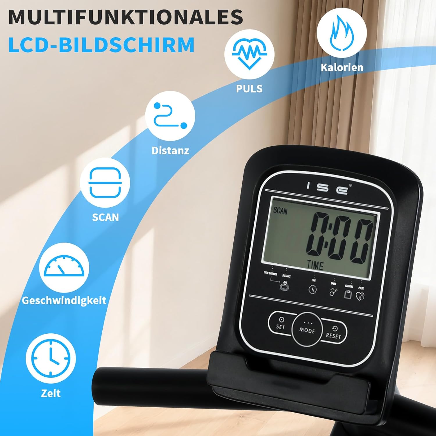 ISE Ergometer Heimtrainer mit Magnetbremssystem, Transporträdern, Pulssensoren und LCD-Display, 8 einstellbare Widerstandsstufen – Bild 4