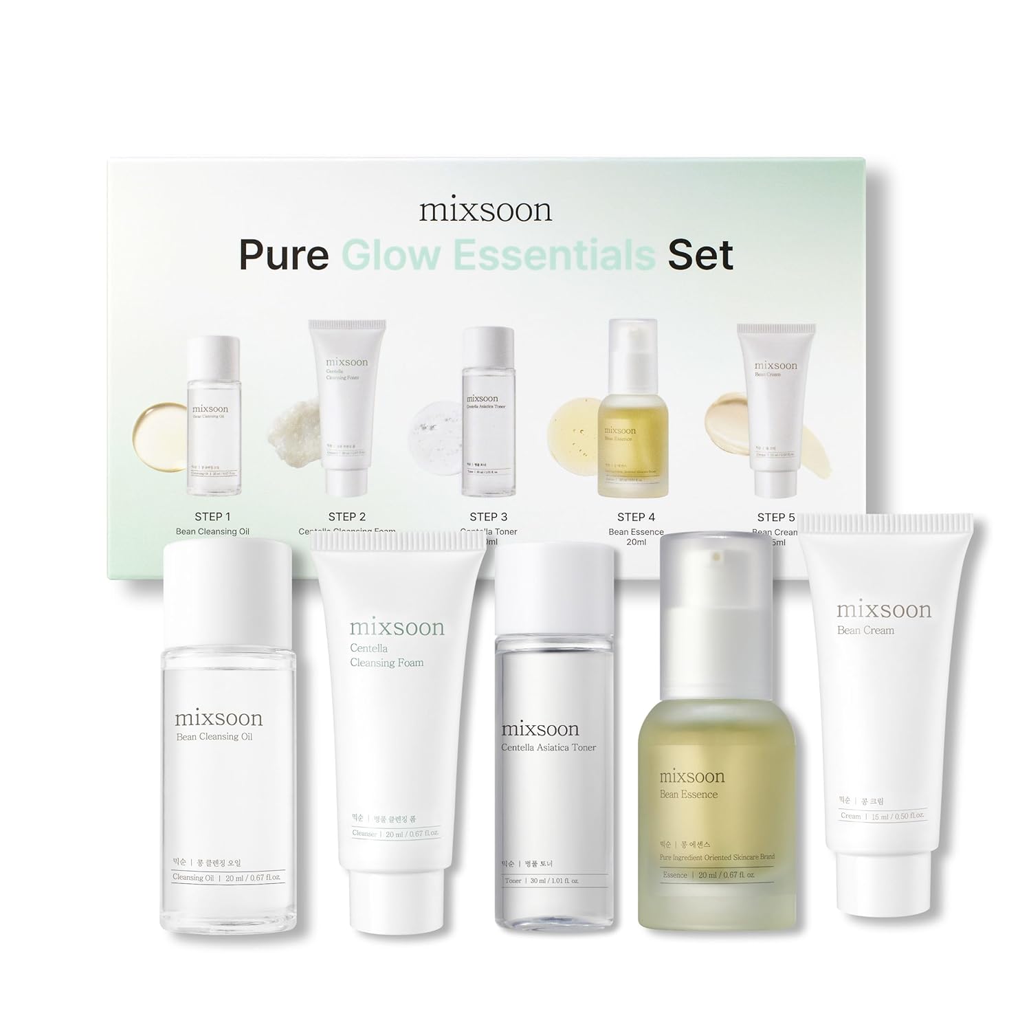mixsoon Pure Glow Essentials Set – 5-stufige koreanische Glashautroutine für empfindliche Haut, feuchtigkeitsspendendes Hautpflegeset mit Centella und Hyaluronsäure, 5 Artikel
