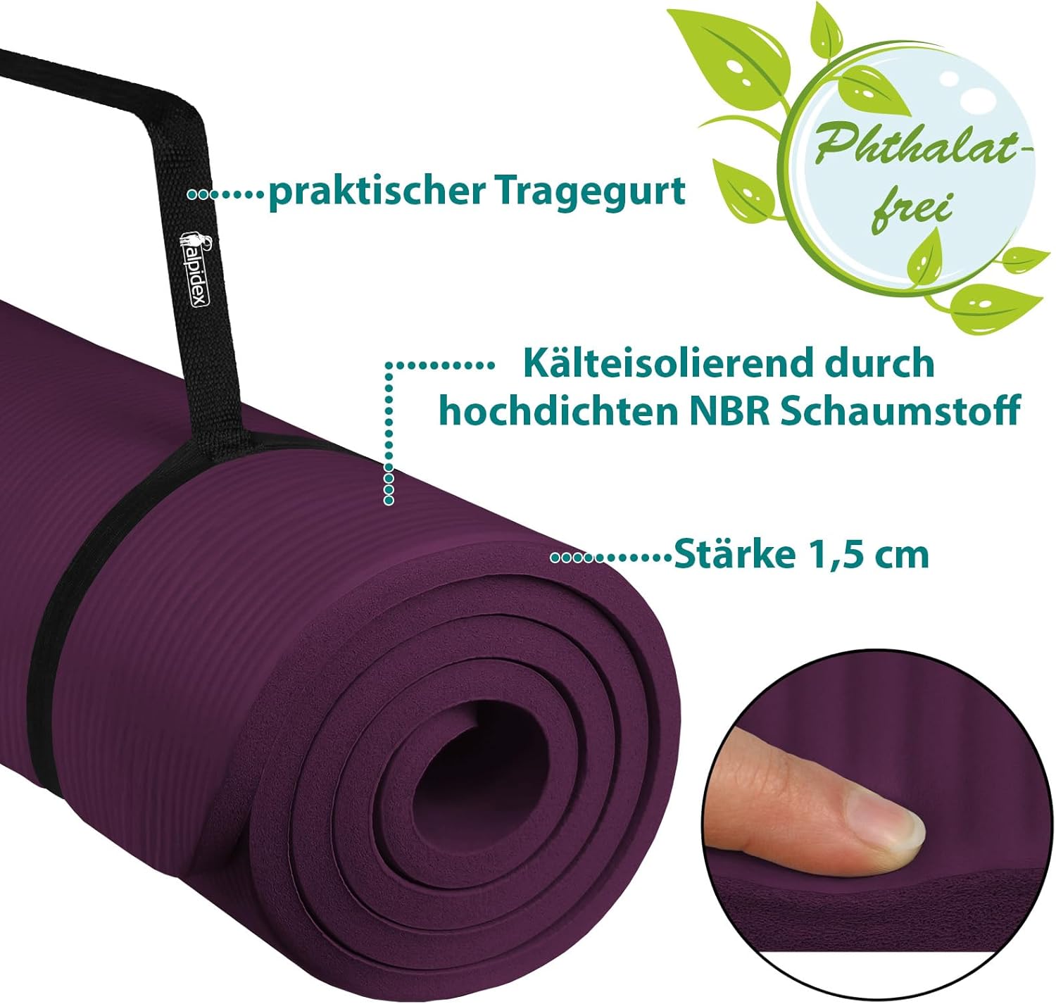 ALPIDEX Yogamatte extra dick 1,5 cm, Gymnastikmatte, 3 Größen, E-Book, rutschfest, phthalatfrei, Fitnessmatte, Gymnastik, Pilates, Sport, Physio, HIIT, Yoga, Trainingsmatte, Schlafmatte – Bild 5