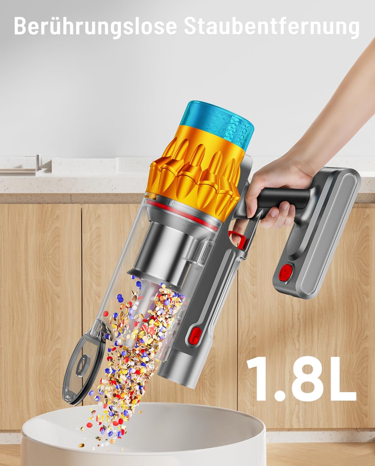 Akku-Staubsauger, 50 KPA/600 W/70 Min. Akku-Staubsauger mit Selbstaufstellung, 1,8 l großer Staubbecher, Anti-Tangle-Bürste, 8-stufiges Filtersystem, grünes Licht für Hartböden, Teppiche, Tierhaare – Bild 6