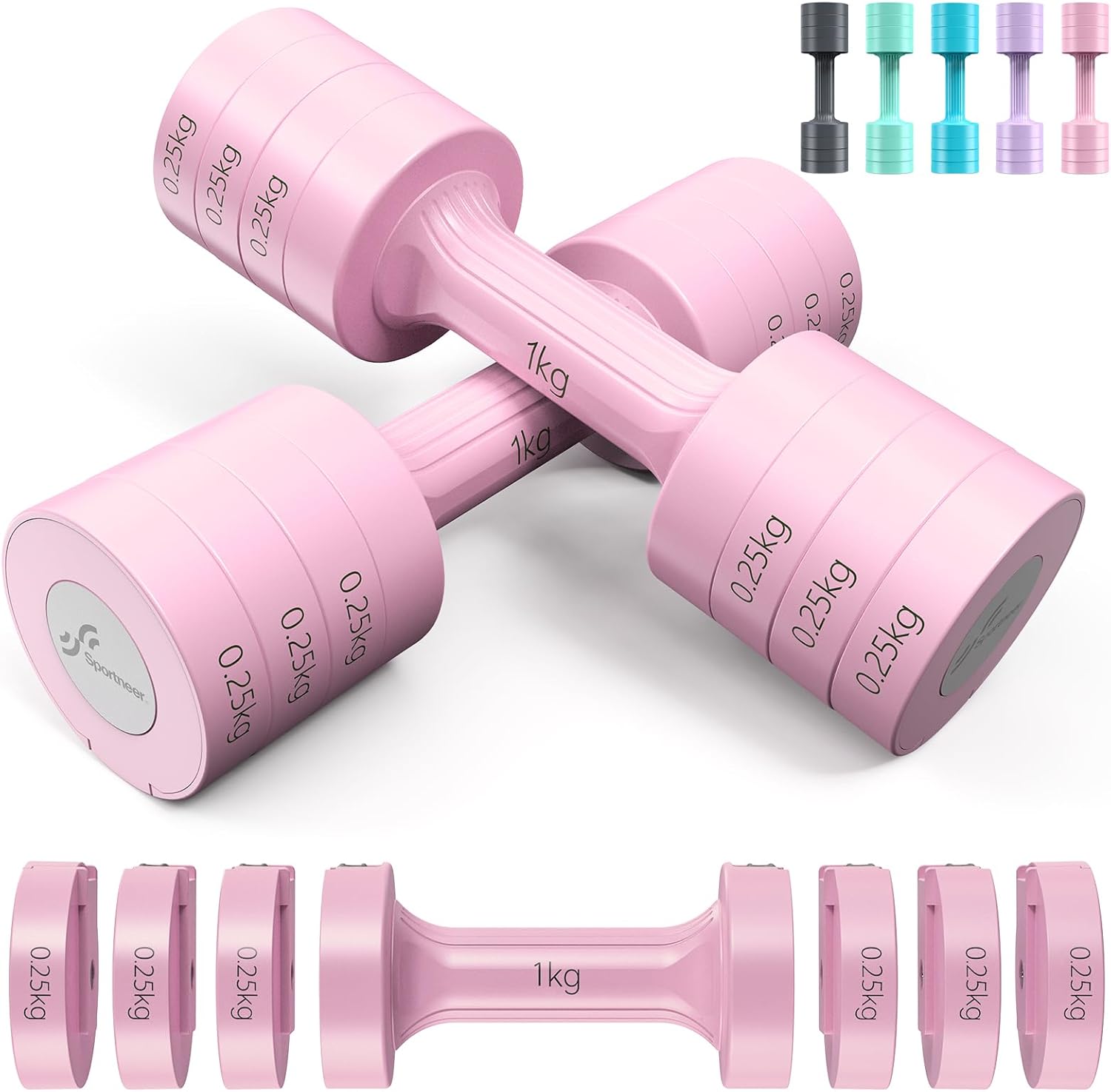 Sportneer Verstellbares Hantel-Set – Hanteln Damen-Set je 1–2,5 kg, 4-in-1-Hanteln-Set mit 2 Stück, verstellbares Hantel-Set für Heim-Fitnessstudio, Fitness, Krafttraining, Geschenk