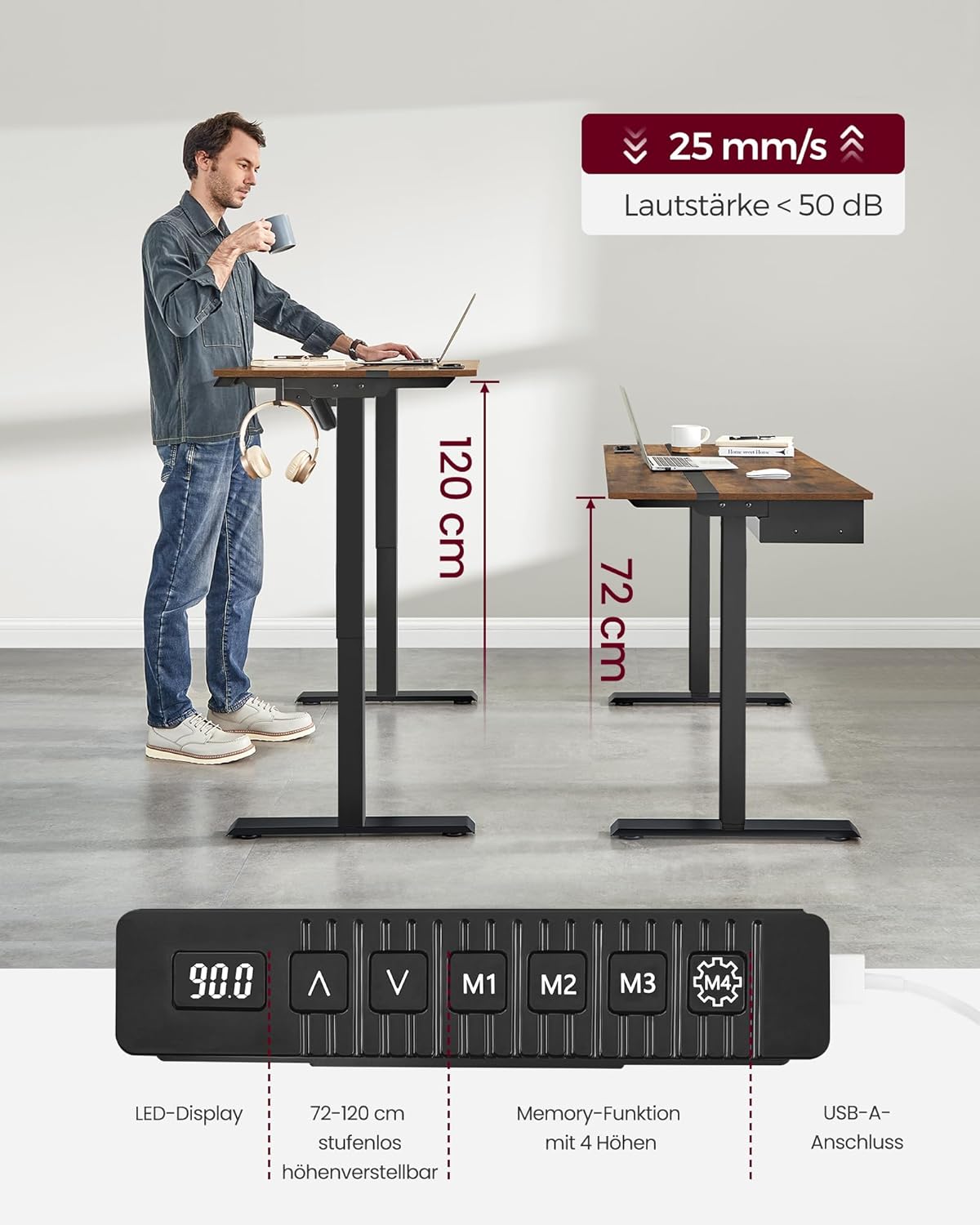 VASAGLE LSD112X01 Höhenverstellbarer elektrischer Schreibtisch mit Steckdose und Schublade, 60 x 120 cm Tischfläche, stufenlos verstellbar, Memory-Funktion mit 4 Höhen, Vintage Braun/Schwarz – Bild 3