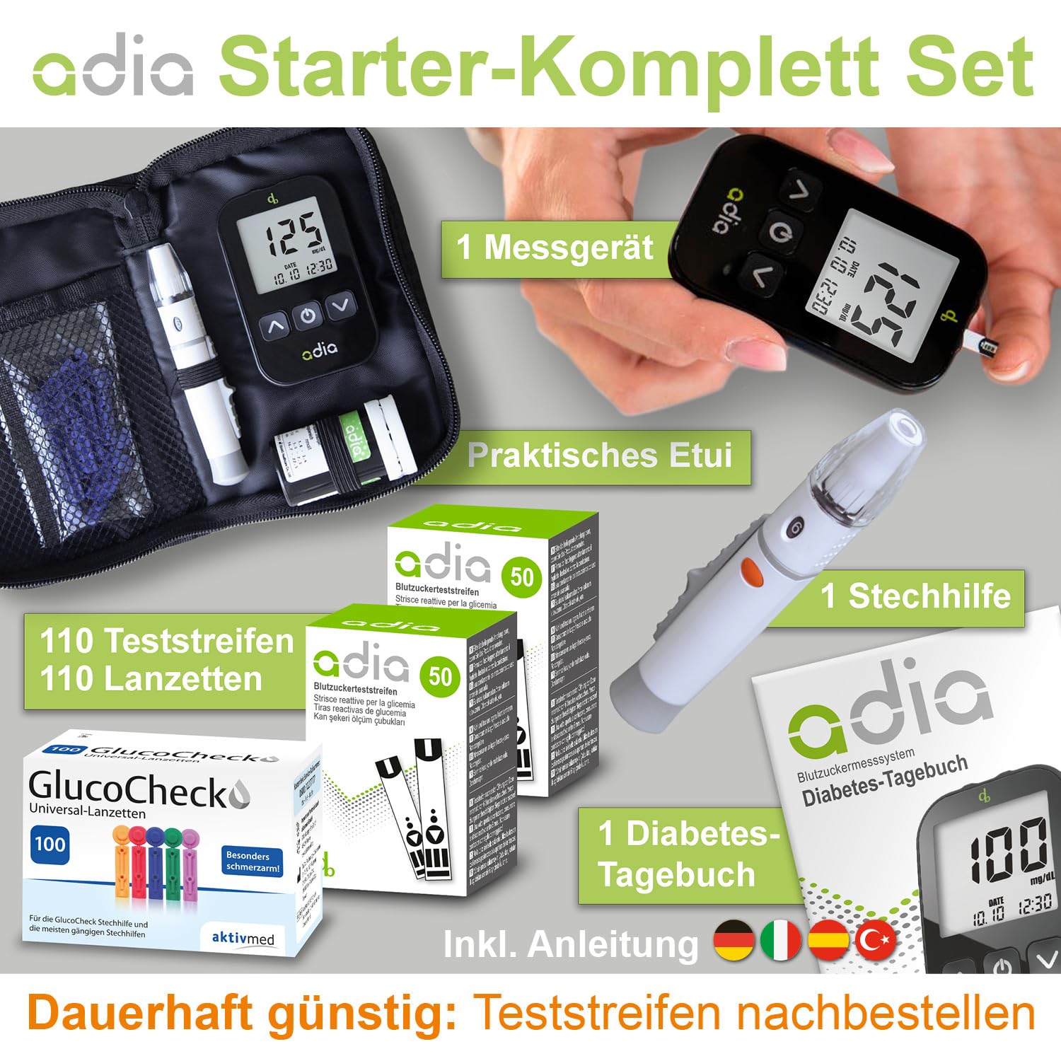 adia Blutzuckermessgerät (mg) + 110 Blutzucker-Teststreifen + 110 Lanzetten, Maxi-Sparset zur Blutzucker-Selbstmessung bei Diabetes – Bild 2