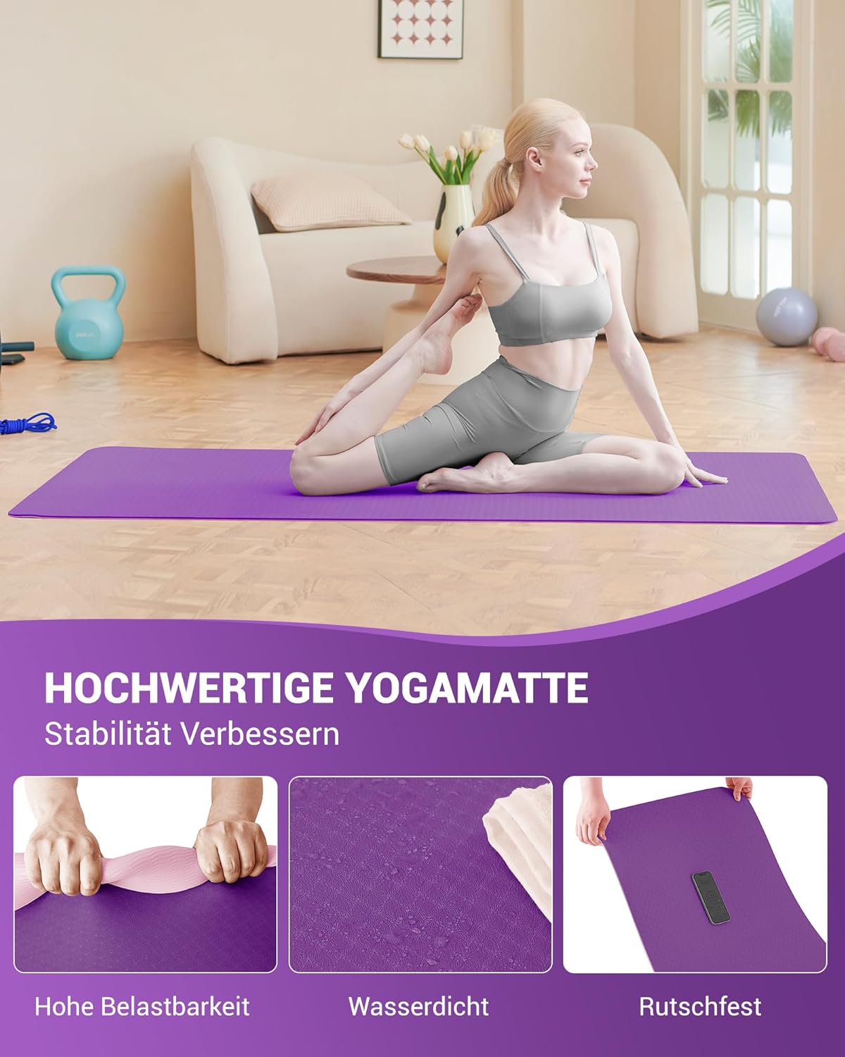 Good Nite Yogamatten für Damen, rutschfeste strukturierte Oberflächen, Gymnastikmatte, 6/10 mm Stärke mit Tragegurt, TPE-Trainingsmatte für Yoga, Pilates, Gymnastik (183 x 61 cm). – Bild 6