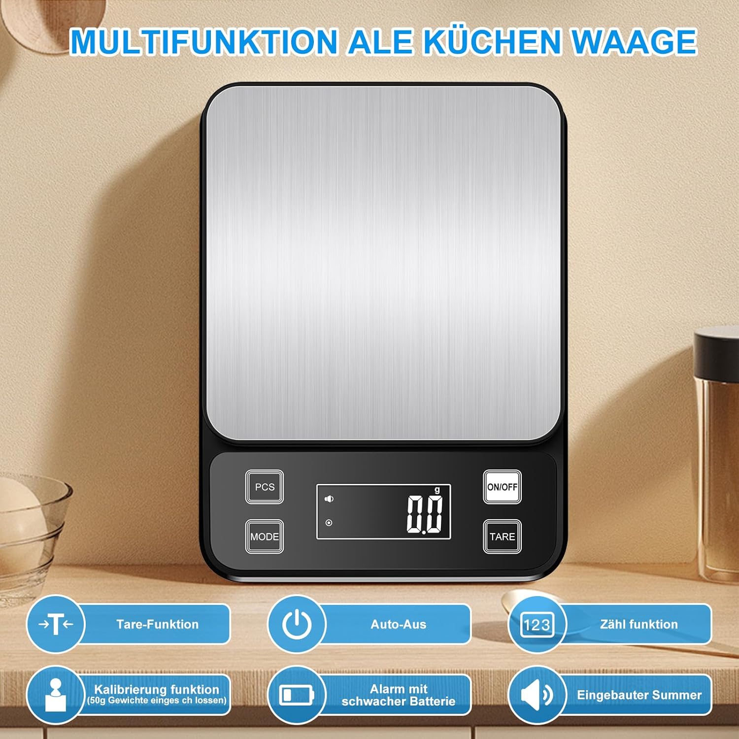 Diyife Wasserdichte IPX67 Küchenwaage 10 kg, 0,1 g Digitalwaage mit großer Wiegefläche aus Edelstahl, wiederaufladbare Lebensmittelwaage, 10 Einheiten, LCD-Display, Tara-Zählfunktion, Buchstabenwaage, Schwarz – Bild 6