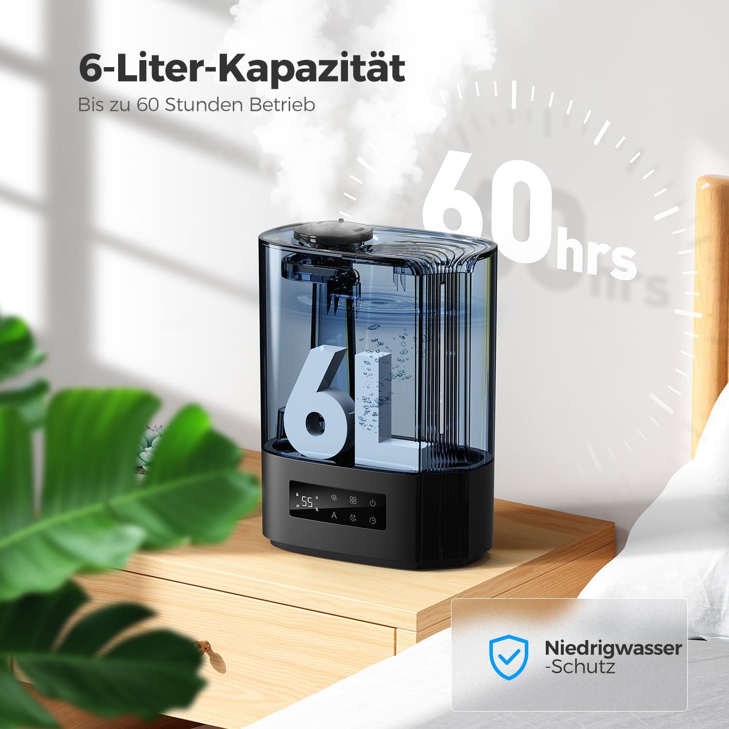 AROEVE 6L Luftbefeuchter Schlafzimmer, Aromadiffusor, Ultraschall-Top-Fill-Luftbefeuchter für Baby-Kinderzimmerpflanzen, 60 Stunden leiser Raumbefeuchter, intelligente Luftfeuchtigkeitskontrolle, Schwarz – Bild 2