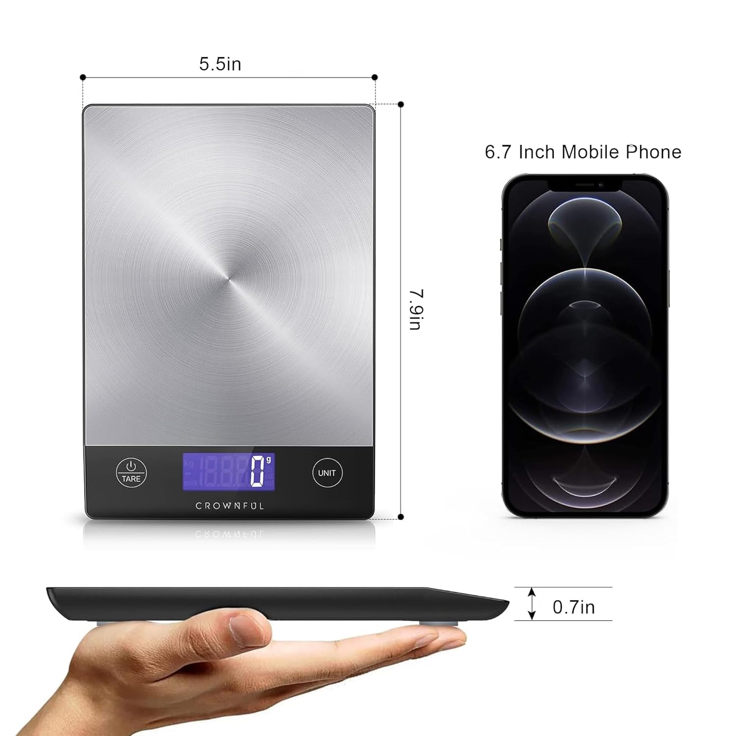CROWNFUL Wiederaufladbare Lebensmittel-Küchenwaage, 33-Pfund-Digitalwaage, Lebensmittelwaage zum Backen und Kochen, Typ-C-Aufladung, LCD-Display, 304 Edelstahl – Bild 6
