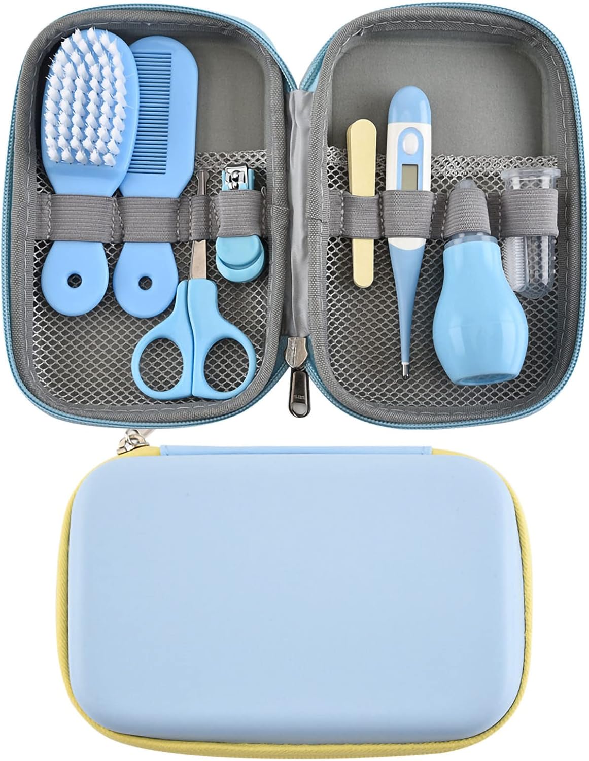 8-in-1 Baby-Pflegeset mit Haarbürste, Nagelknipser, Nasenreiniger, Fingerzahnbürste, Schere für Babypflege, gesund und sauber, Neugeborenenpflege, gesund und sauber, Gelb (Blau) – Bild 5
