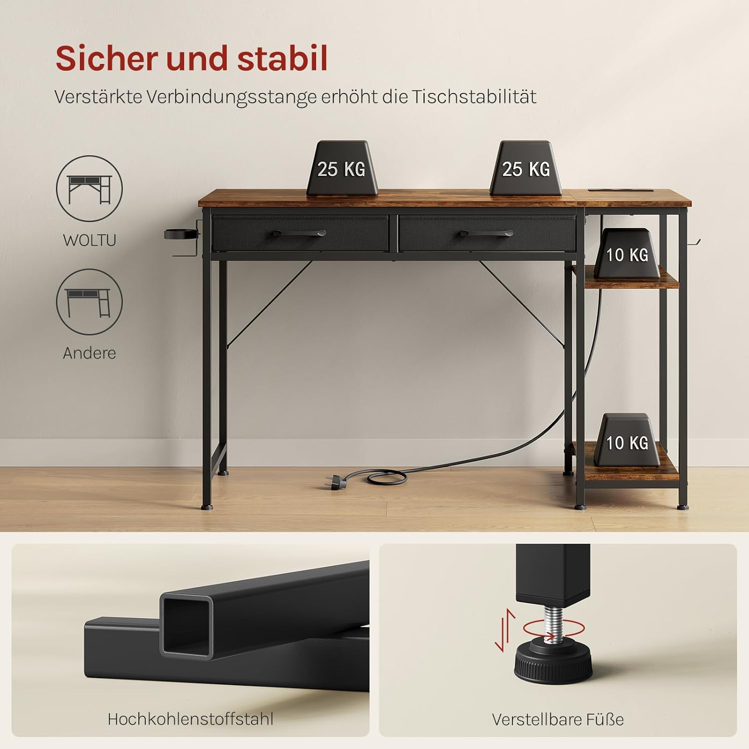 WOLTU Schreibtisch mit 2 Schubladen, 2 Steckdosen, USB- und Typ-C-Anschluss, Kopfhörerhaken und Ablagen – Computertisch für Büro und Wohnzimmer, 120 x 51 x 75 cm, Rustikales Braun – Bild 7