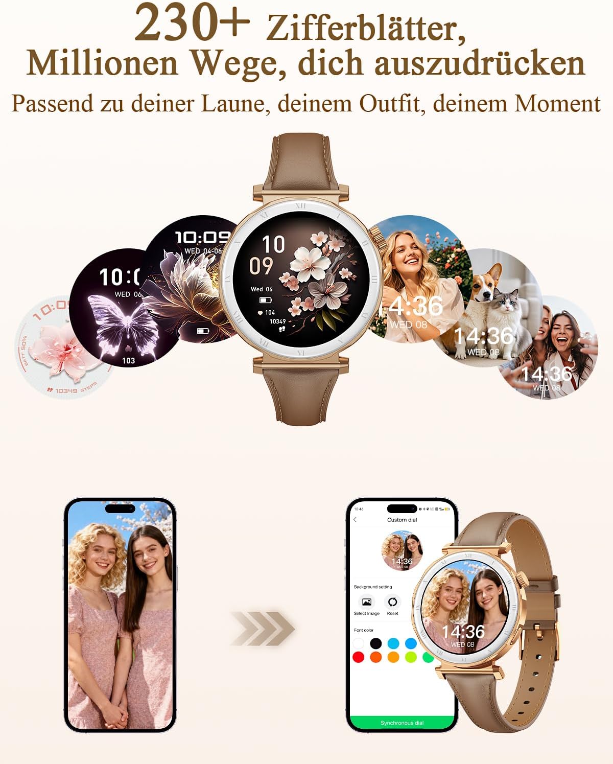 Damen-Smartwatch, Eleganz in Klein mit 1,19 Zoll AMOLED-Display und schmalem Lederarmband, Fitnessuhr mit Schrittzähler, Sportmodi, Puls-/SpO2-/Schlafmonitor für iOS/Android, Roségold/Braun – Bild 8