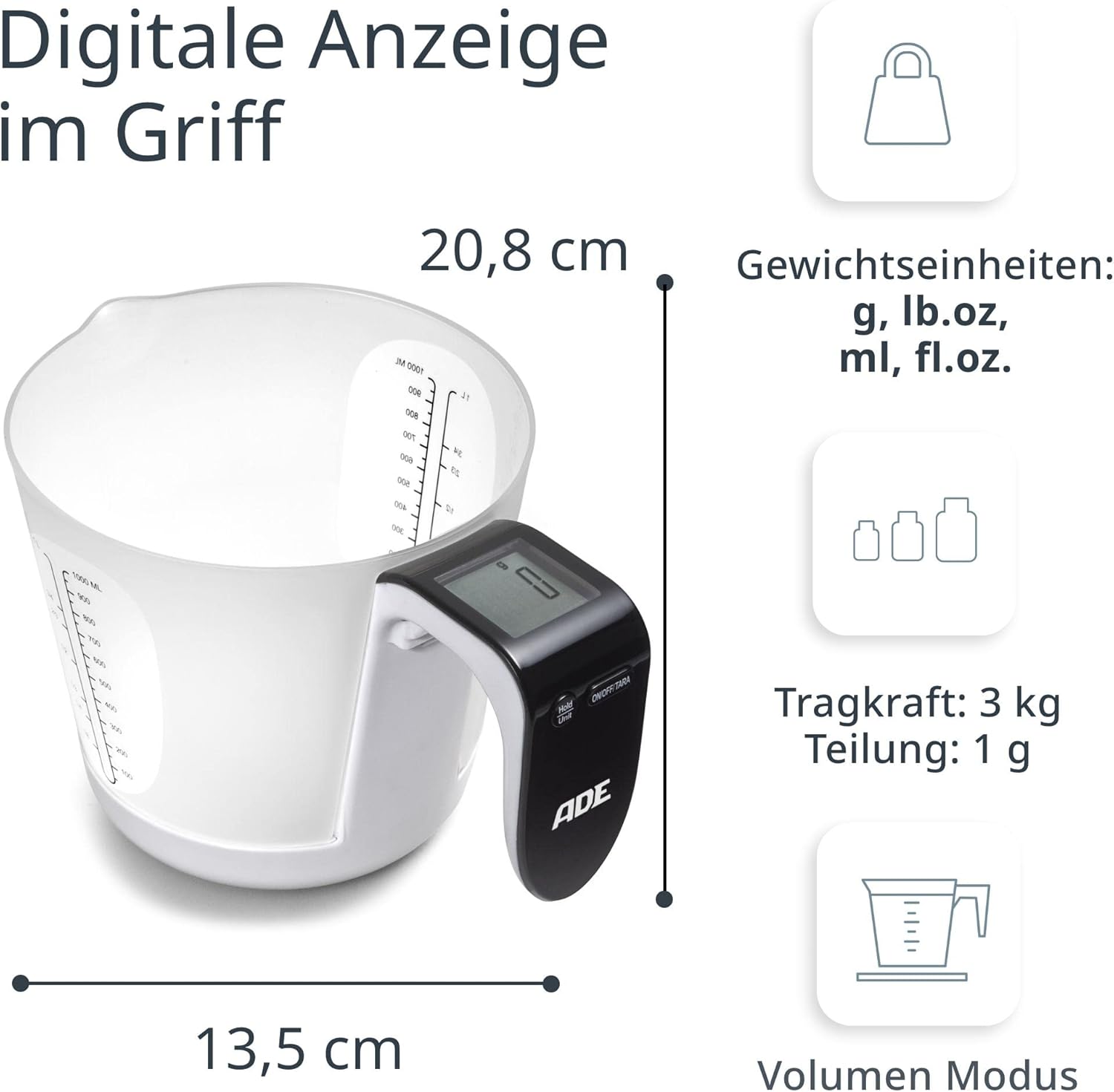 ADE Digitale Messbecherwaage | Küchenwaage mit Messbecher zum Wiegen und Messen | Elektronische Messbecherwaage zum Backen und Kochen – Bild 2