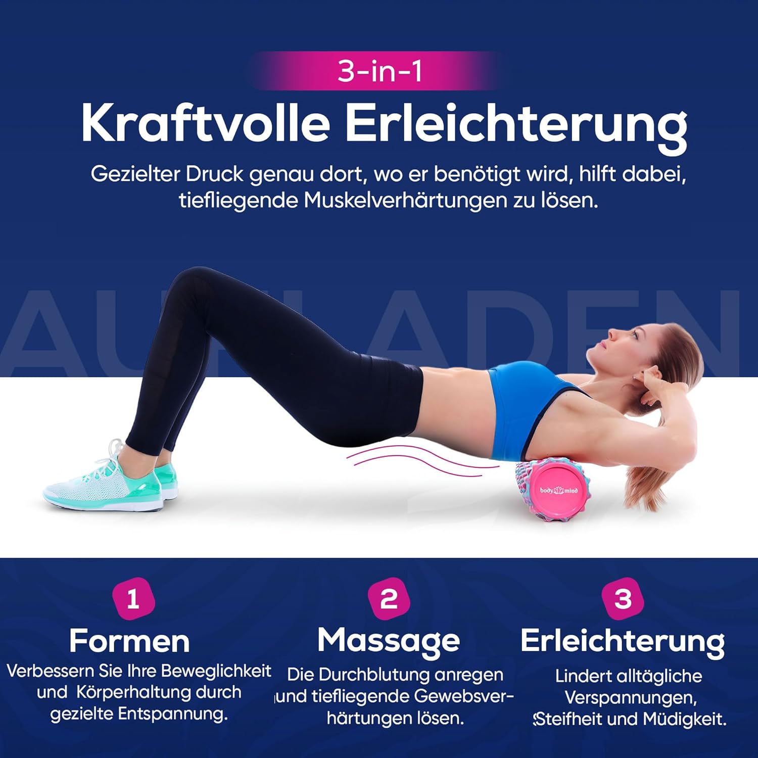 Body & Mind® Faszienrolle, Massagerolle, Fitnessrolle, Sportrolle, Therapierolle, Faszientraining für Oberkörper, Nacken, Rücken, Beine, Waden und alle anderen Muskelgruppen, 33 x 14,5 cm – Bild 3