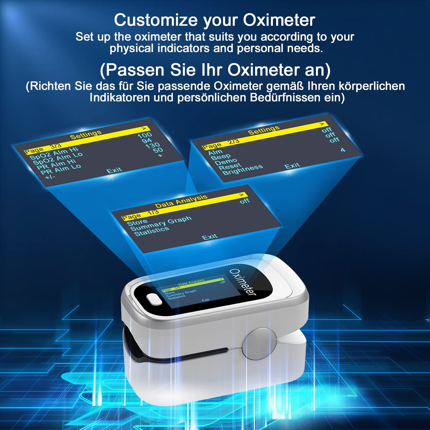 MOMMED Pulsoximeter für Finger, Sauerstoffmessgerät, Fingermessgerät, misst Sauerstoffsättigung und Pulsfrequenz, Oximeter mit OLED-Display und Alarmfunktion, batteriebetrieben – Bild 5