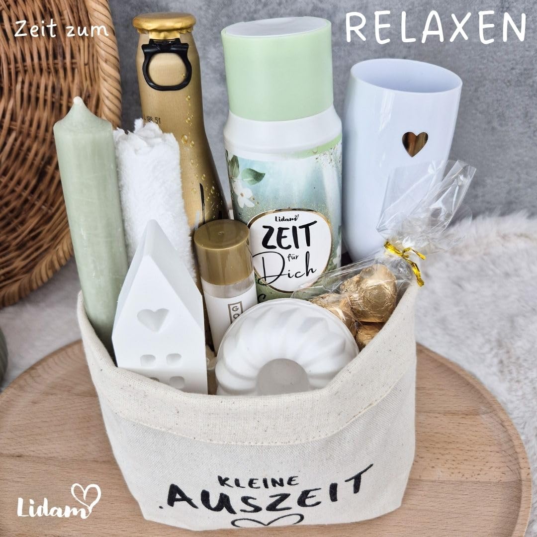 Geschenkkorb Damen mit Aromapflege Duschbad Geschenkset Wellness Kleine Auszeit im Baumwollkorb als Geschenk Freundin Entspannungsgeschenk Frauen Geburtstagsgeschenk Frau – Bild 4
