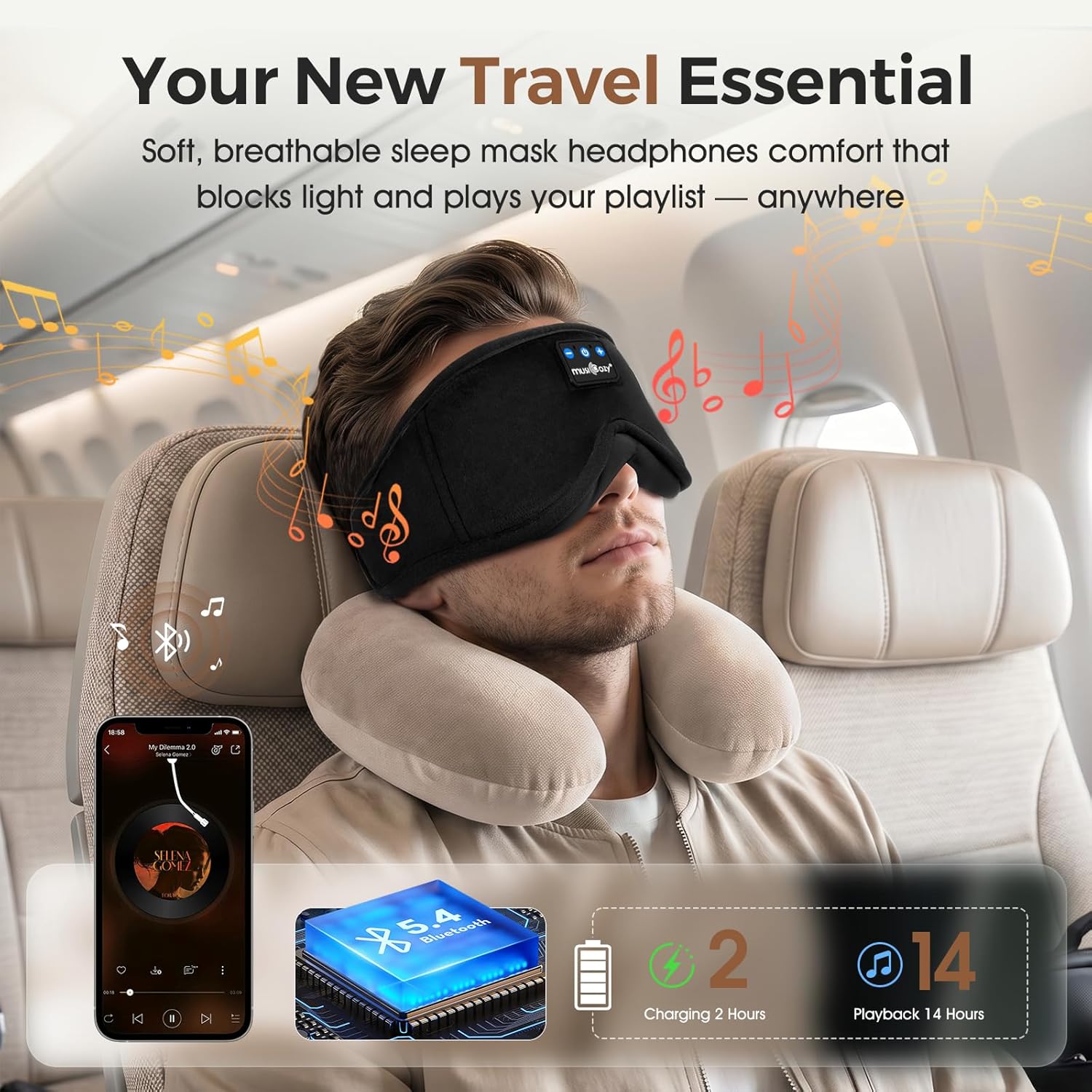MUSICOZY Bluetooth-Schlafmaske mit Kopfhörer, bequeme 3D-Schlafmaske für Seitenschläfer, 100 % Verdunkelung und kein Druck auf die Augen, weich und atmungsaktiv, ideal zum Schlafen, Reisen, Flugzeug und Schlaflosigkeit, 14 – Bild 5