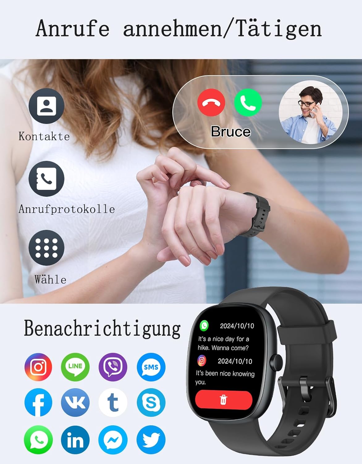 Smartwatch Damen Herren mit Telefonfunktion, 1,85 Zoll Smartwatch mit SpO2/Herzfrequenz/Schlafmonitor/Schrittzähler 100+ Sportmodi, IP68 wasserdichte Fitnessuhr Whatsapp Notify für Android iOS Handy – Bild 2