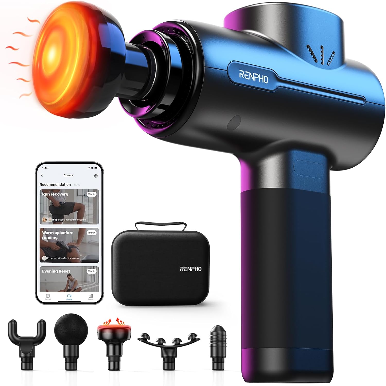 Massagepistole mit Wärmefunktion und Bluetooth, RENPHO Massagepistole App kompatibel, Muskelmassagepistole Massagegerät mit LED-Anzeige und Muskelentspannung, bestes Geschenk