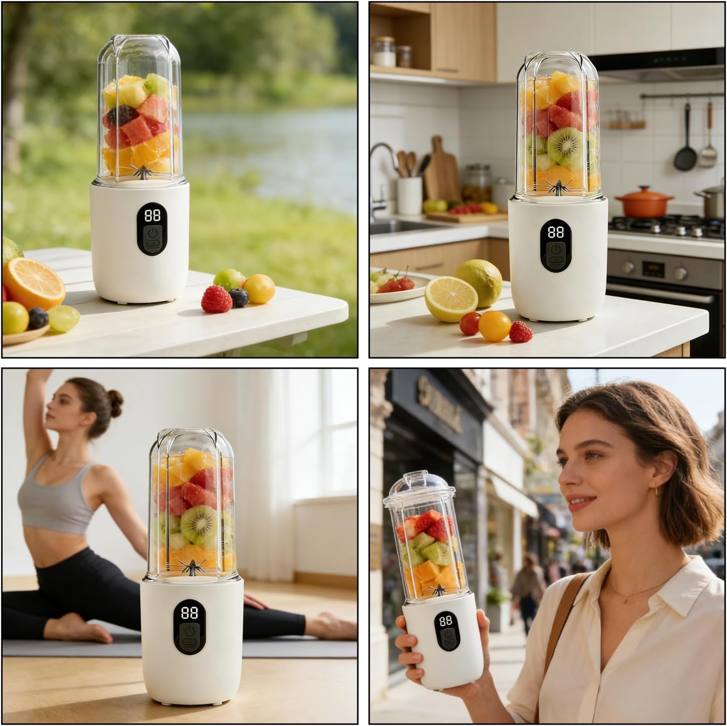 Tragbarer Mixer Smoothie Maker to Go, 500 ml tragbarer elektrischer Entsafter mit Digitalanzeige, 16 Blatt SUS-Schneidkopf & USB, Mini-Standmixer für Fitnessstudio, Büro, Camping (weiß) – Bild 6