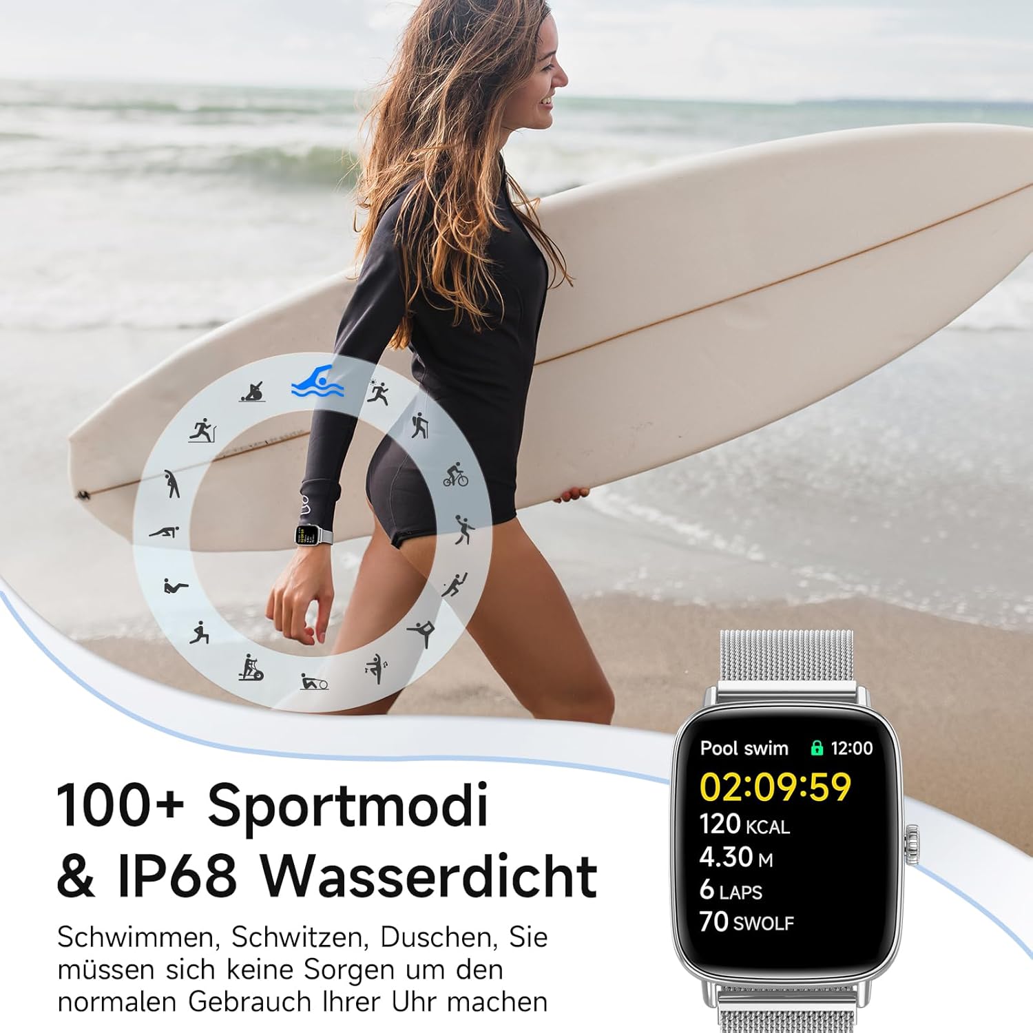 Smartwatch Herren Damen mit Telefonfunktion, 1,85 Zoll HD-Uhren mit Herzfrequenz-Schlafmonitor SpO2 Schrittzähler, 110+ Sportmodi Fitnessuhr, IP68 wasserdichte Smartwatch kompatibel mit iOS/Samsung/Android – Bild 4