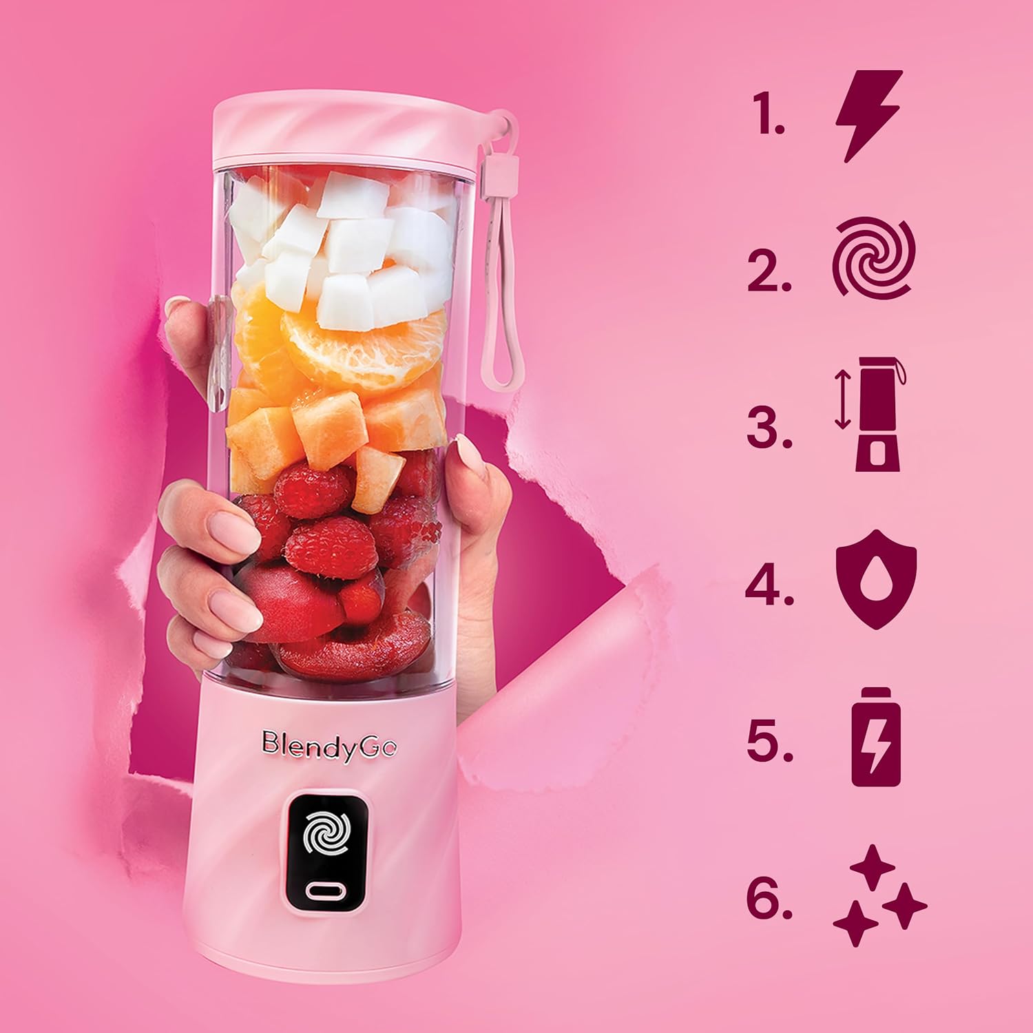 BlendyGo 3 Tragbarer Mixer, Mixer, Mini-Standmixer, 550 ml, Smoothie-Maker, Mixer Smoothie-Maker to Go, kabellos, zerkleinert Eis und Obst, BPA-frei, PulseMotion & BlendPro (Roségold) – Bild 9